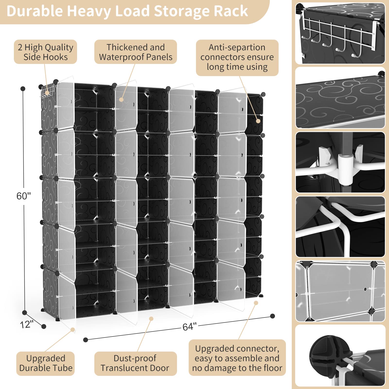 Portable Shoe Rack Organizer with Door - 80 Pairs Shoe Storage Cabinet, Easy Assembly Plastic Adjustable Stackable Shoe Shelf, Free Standing DIY Expandable 10-Tier Black - Perfect for Closet, Entryway & Bedroom Organization