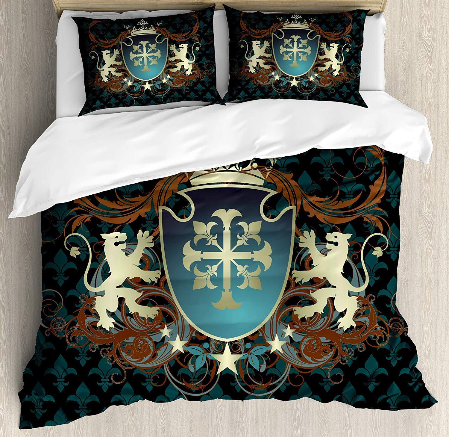 Medieval Quilt Bedding Set - Heraldic Design with Coat of Arms, Crowns, Lions & Swirls - 3-Piece Duvet Cover for Kids, Teens & Adults - Teal, Black & Cinnamon - Queen Size - Perfect for Renaissance Fairs, Themed Bedrooms & Historical Decor