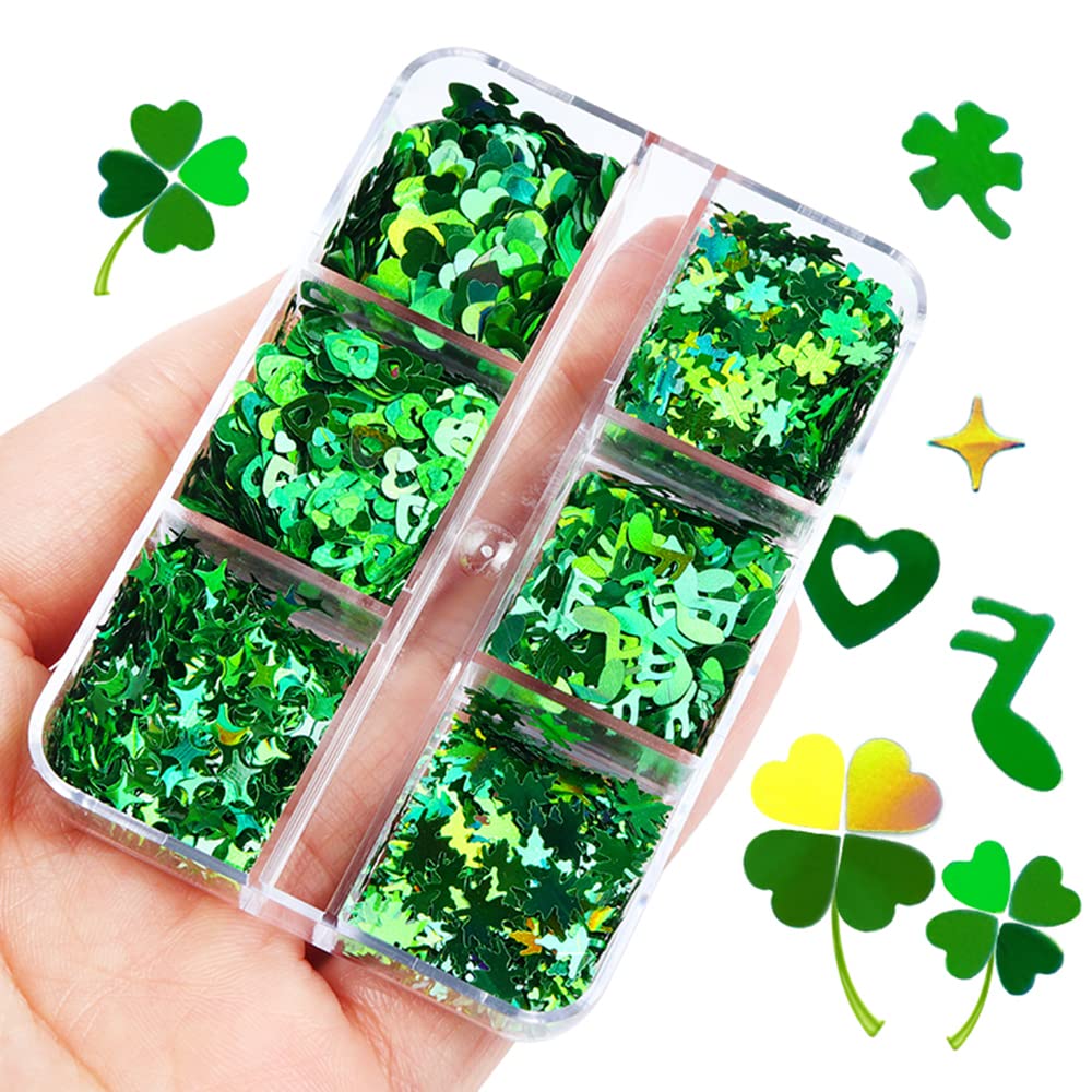 St. Patrick's Day Nail Art Glitters - Green Clover Nail Decals, 3D Holographic Shamrock & Heart Leaf Designs for Acrylic Nails, Manicure Tips & Nail Art Supplies | Perfect for St. Patrick's Day Parties, Nail Salons & DIY Nail Decorations