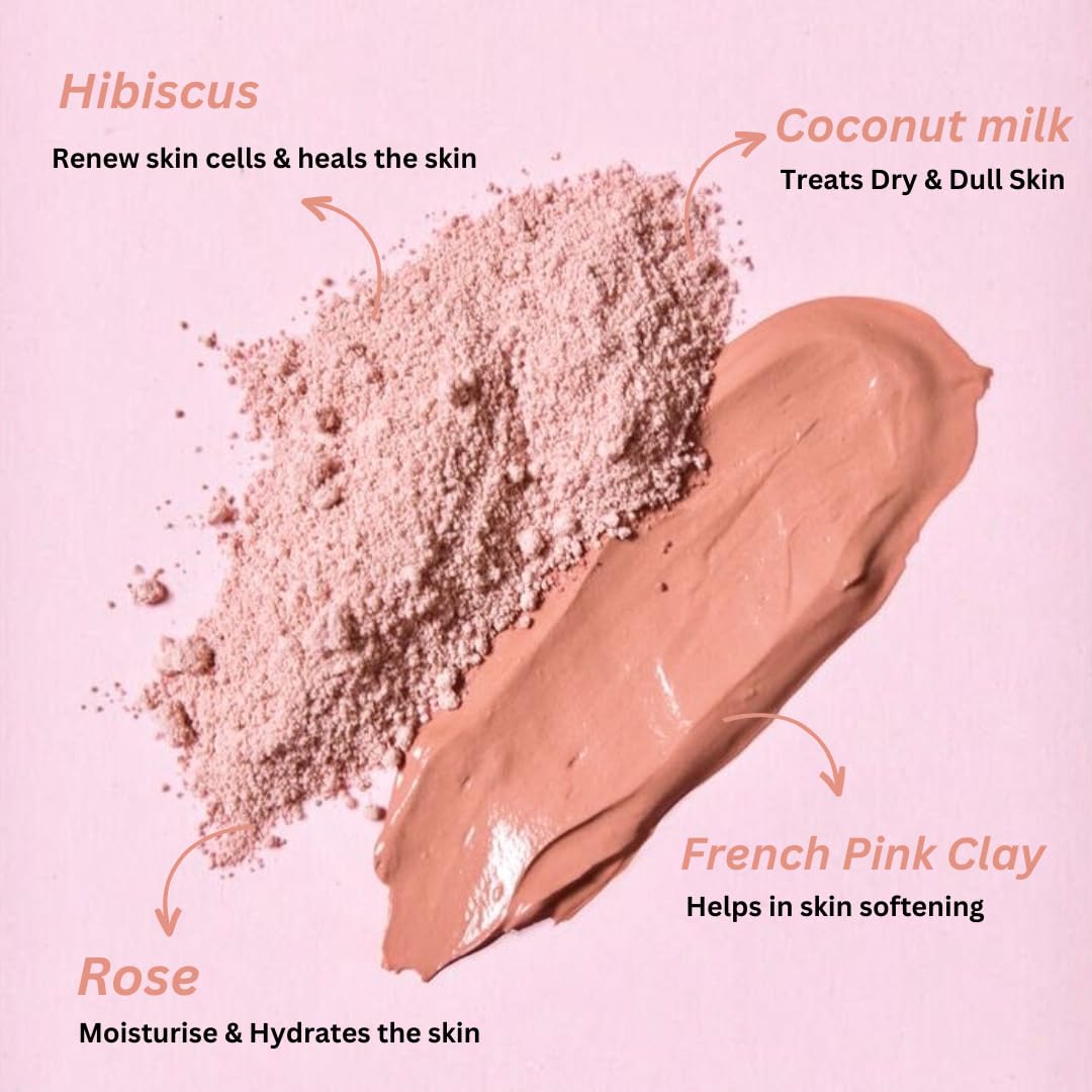 Rose & Hibiscus Pink Glow Clay Mask with French Pink Clay & Coconut Milk - Exfoliating & Anti-Aging Deep Pore Cleanser for Men & Women - Perfect for Spa Nights & Skincare Routines (1 Count)