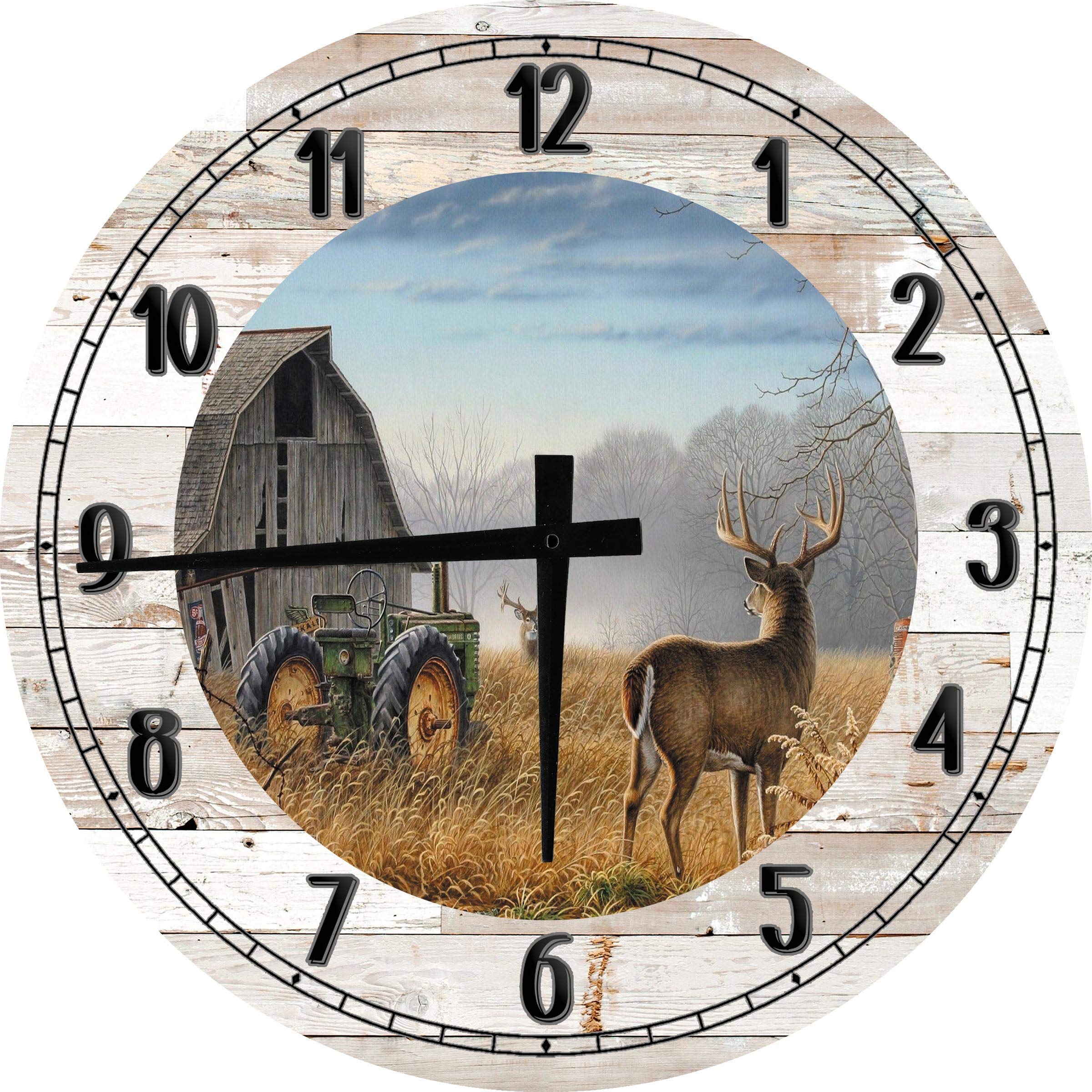 Vintage Barn Wall Art with White Tail Deer & Big Buck Antlers, Green Farm Tractor Design, Large 12 Inch Round Wood Wall Clock, Perfect for Rustic Home, Cabin, or Farmhouse Decor