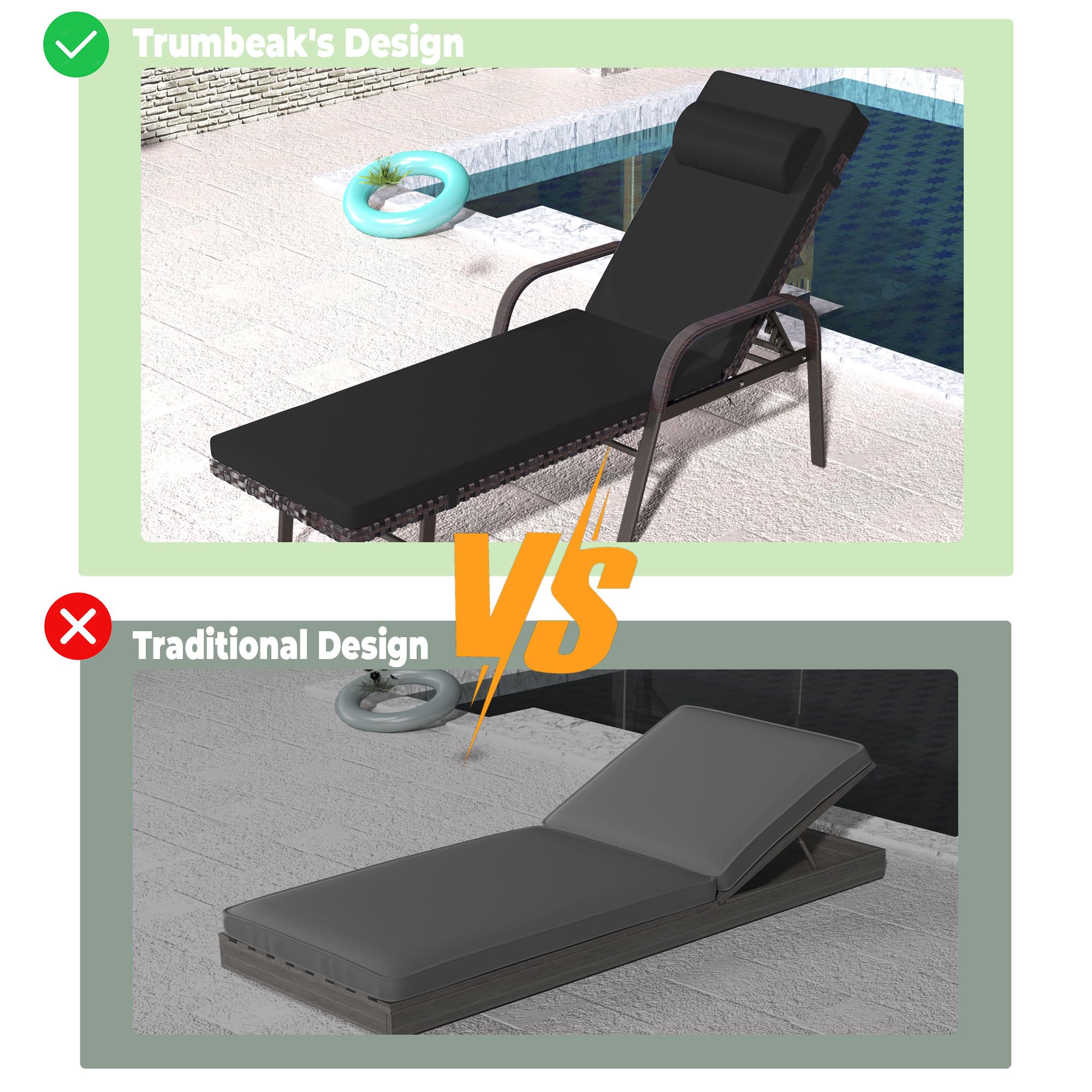 3-Piece Patio Chaise Lounge Set with Cushions - Adjustable Rattan Backrest Folding Pool Chairs & Side Table - Outdoor Furniture for Poolside, Porch, Deck, Garden Relaxation (Black)