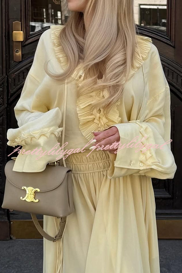 Elegant Solid Color Pleated Ruffled Tie Long Sleeve Loose Blouse for Women | Casual Office Wear & Spring Outfits
