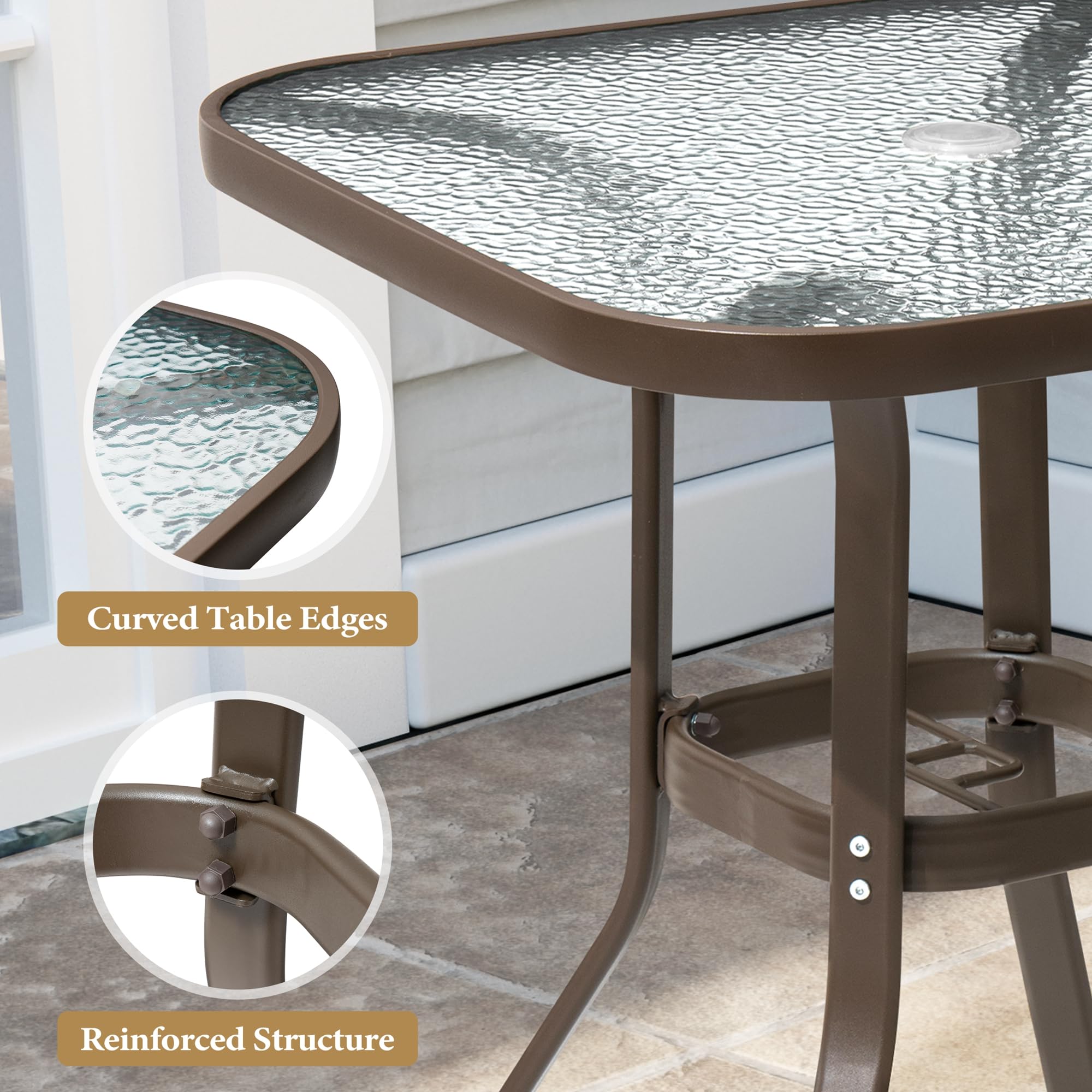 Crestlive Outdoor Bar Table with Umbrella Hole - Aluminum Frame & Tempered Glass Top Patio Dining Bistro Table - Durable Garden, Poolside, Deck, Lawn Furniture for Outdoor Entertaining (Brown)