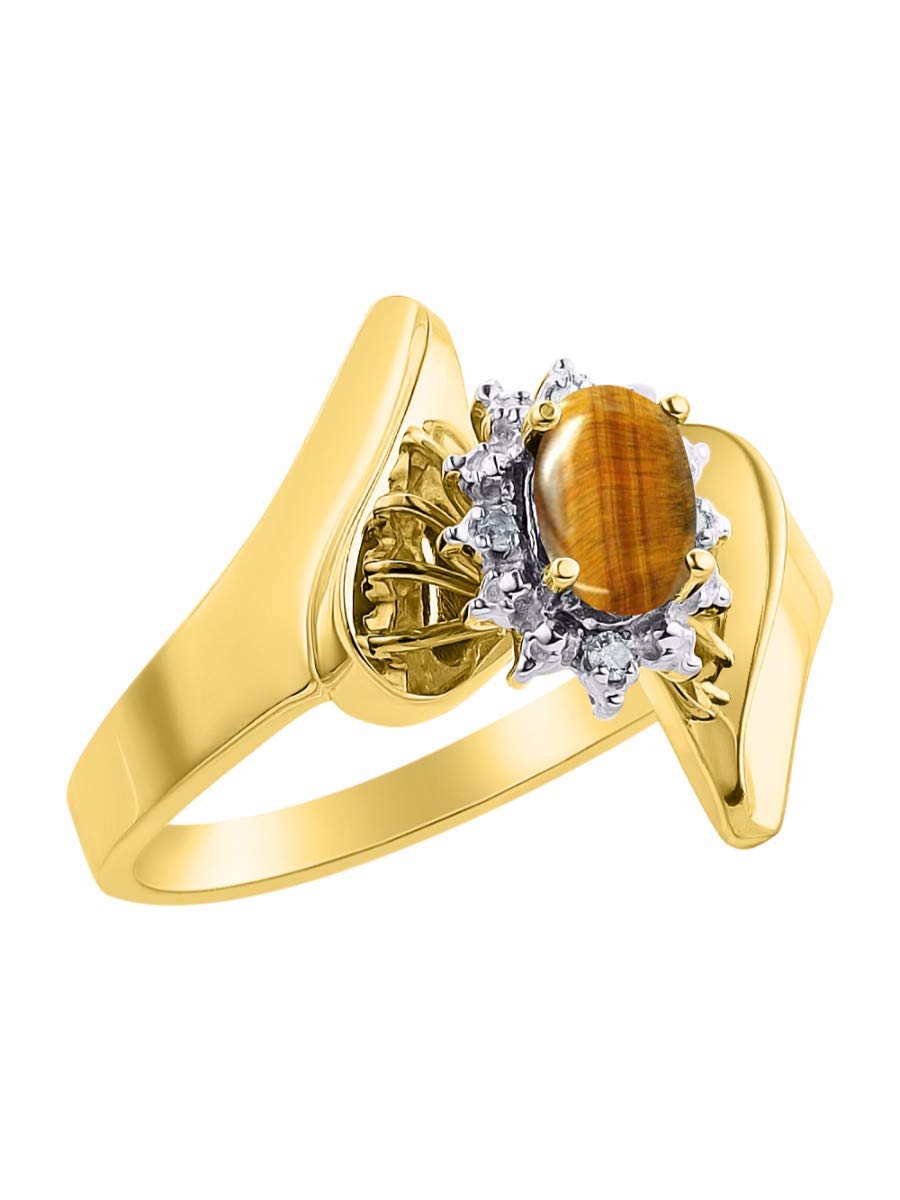 RYLOS 14K Gold Plated Sterling Silver Ring for Women - 6X4MM Tiger Eye Gemstone with Diamond Halo, Classic Elegant Jewelry Gift for Her, Size 5-10 | Perfect for Anniversary, Birthday & Special Occasions
