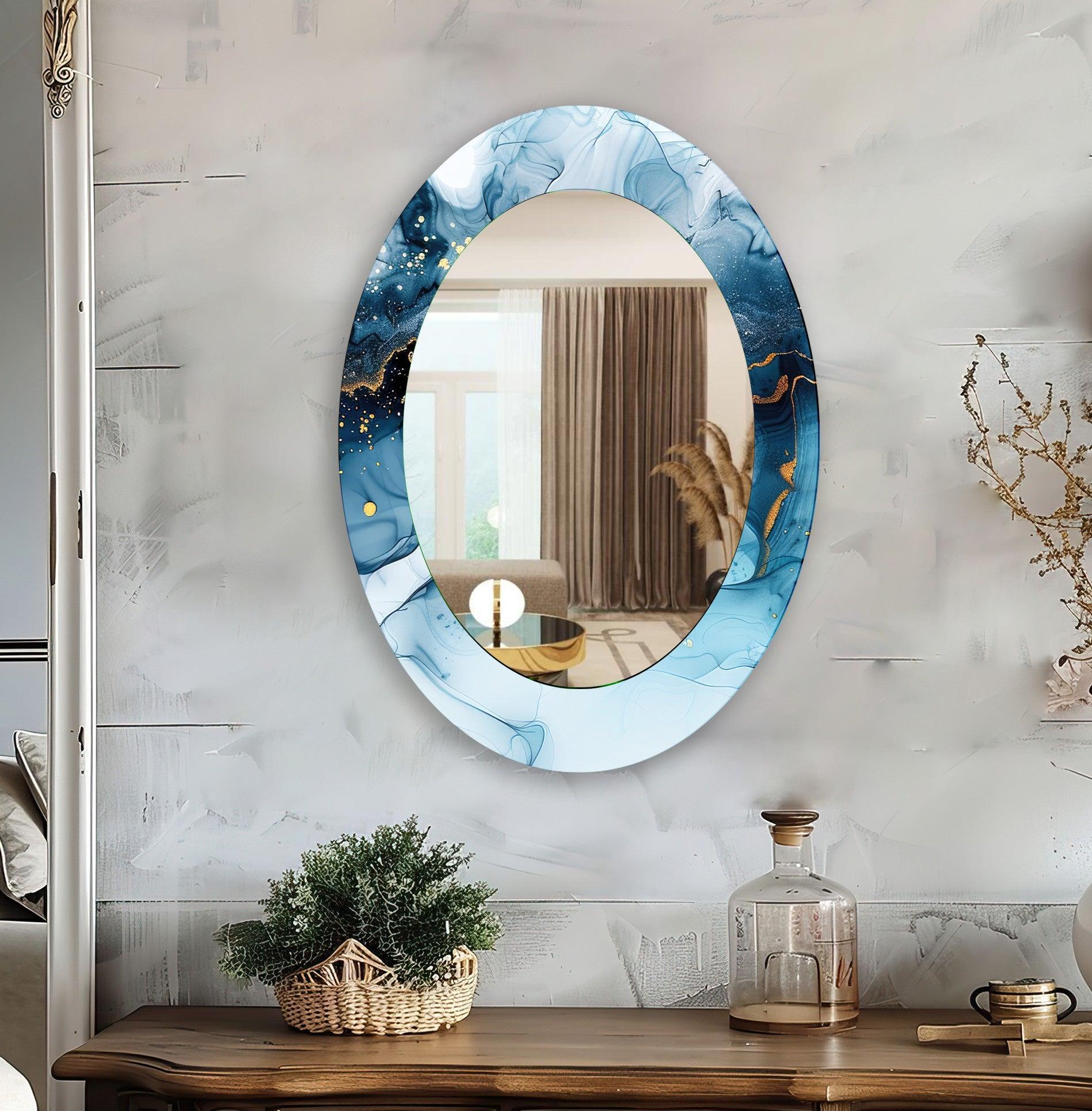 Blue and Gold Modern Oval Wall Mirror - Elegant Home Decor for Living Room, Bedroom & Entryway - Perfect for Adding Style and Light to Any Space