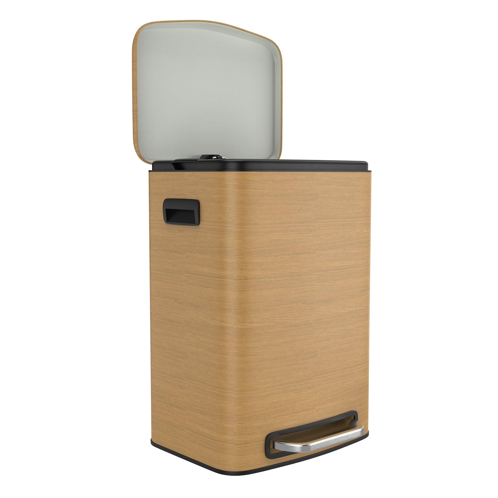 13 Gallon 50L Stainless Steel Rectangular Trash Can with Foot Pedal - Soft Close Lid, Wood Texture Design - Includes 30 Garbage Bags - Perfect for Kitchen, Office, or Bathroom Waste Disposal
