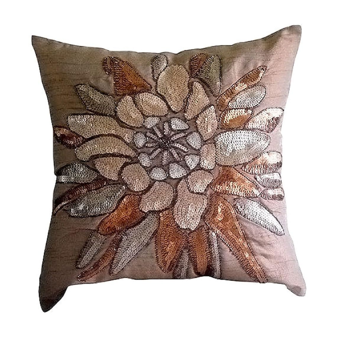 HomeCentric Brown Floral Throw Pillow Covers 18x18 Inch - Sequins & Beaded Flower Design, Silk Decorative Pillow Cases for Sofa, Bed, Living Room - Perfect for Home Decor, Accent Pillows