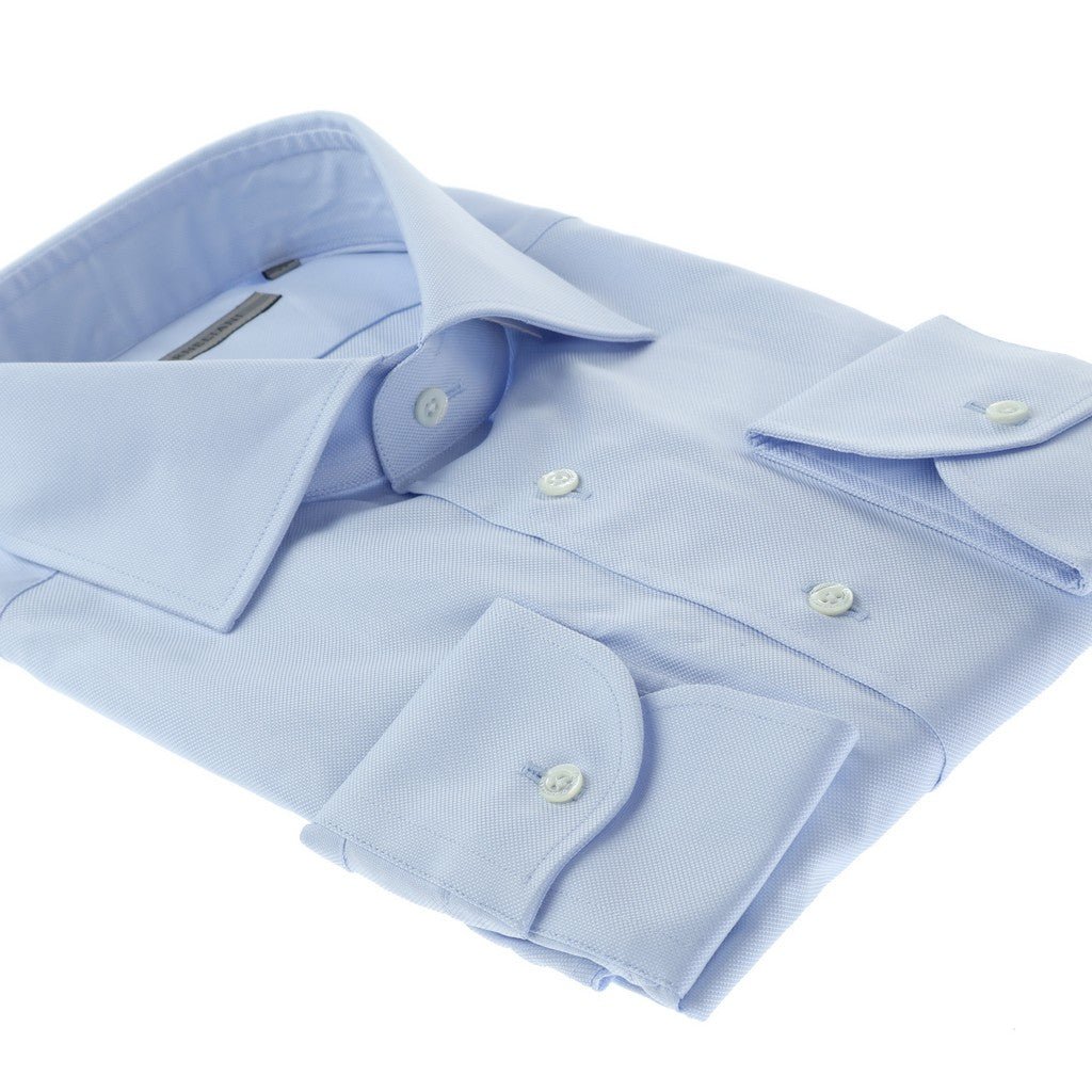 Corneliani Tailored Fit Blue Oxford Cotton Dress Shirt for Men | Single Cuff Business Casual & Formal Wear