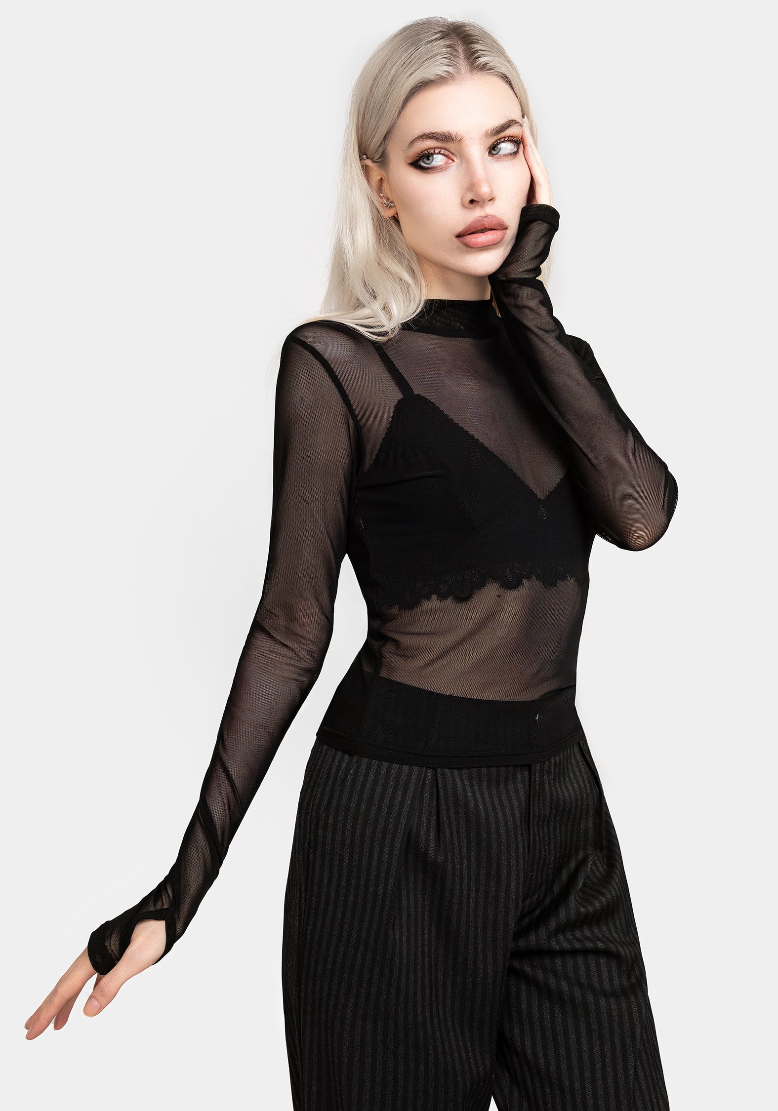 Gothic Mesh Top for Women - High Neck Long Sleeve Lace Blouse | Perfect for Halloween, Cosplay, and Dark Fashion Outfits