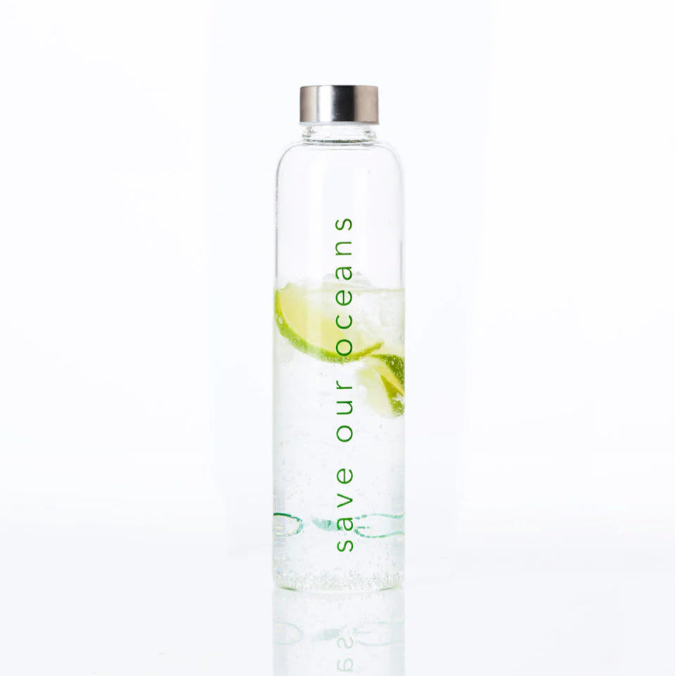 BBBYO 750ml Glass Water Bottle with Lid - Sea Print Design, BPA-Free, Leak-Proof, Reusable for Home, Office, Gym & Outdoor Activities