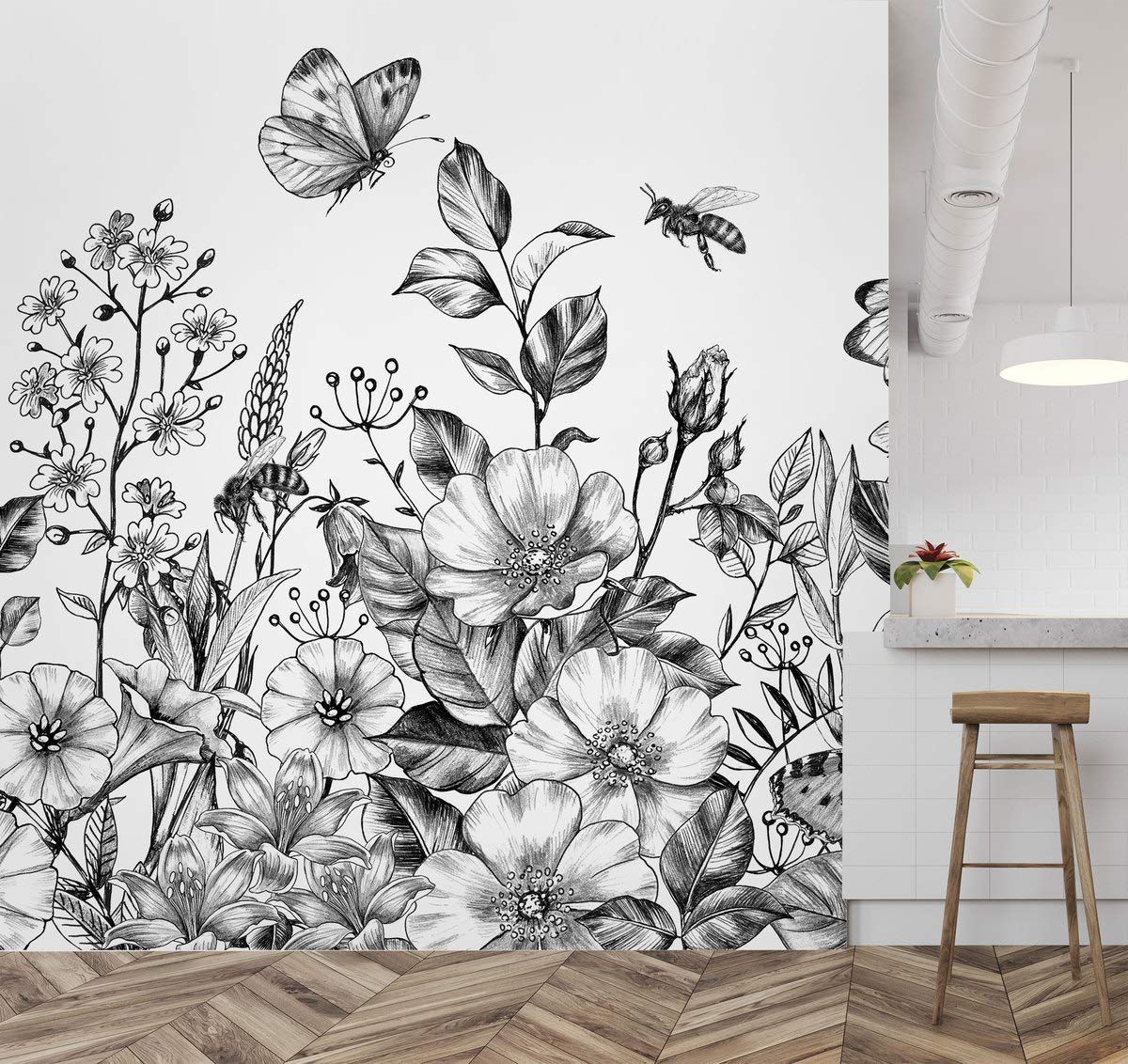 Murwall Black and White Floral Wallpaper - Elegant Charcoal Flower Wall Mural for Living Room, Bedroom & Cafe Decor | Peel and Stick Wallpaper for Home & Commercial Spaces