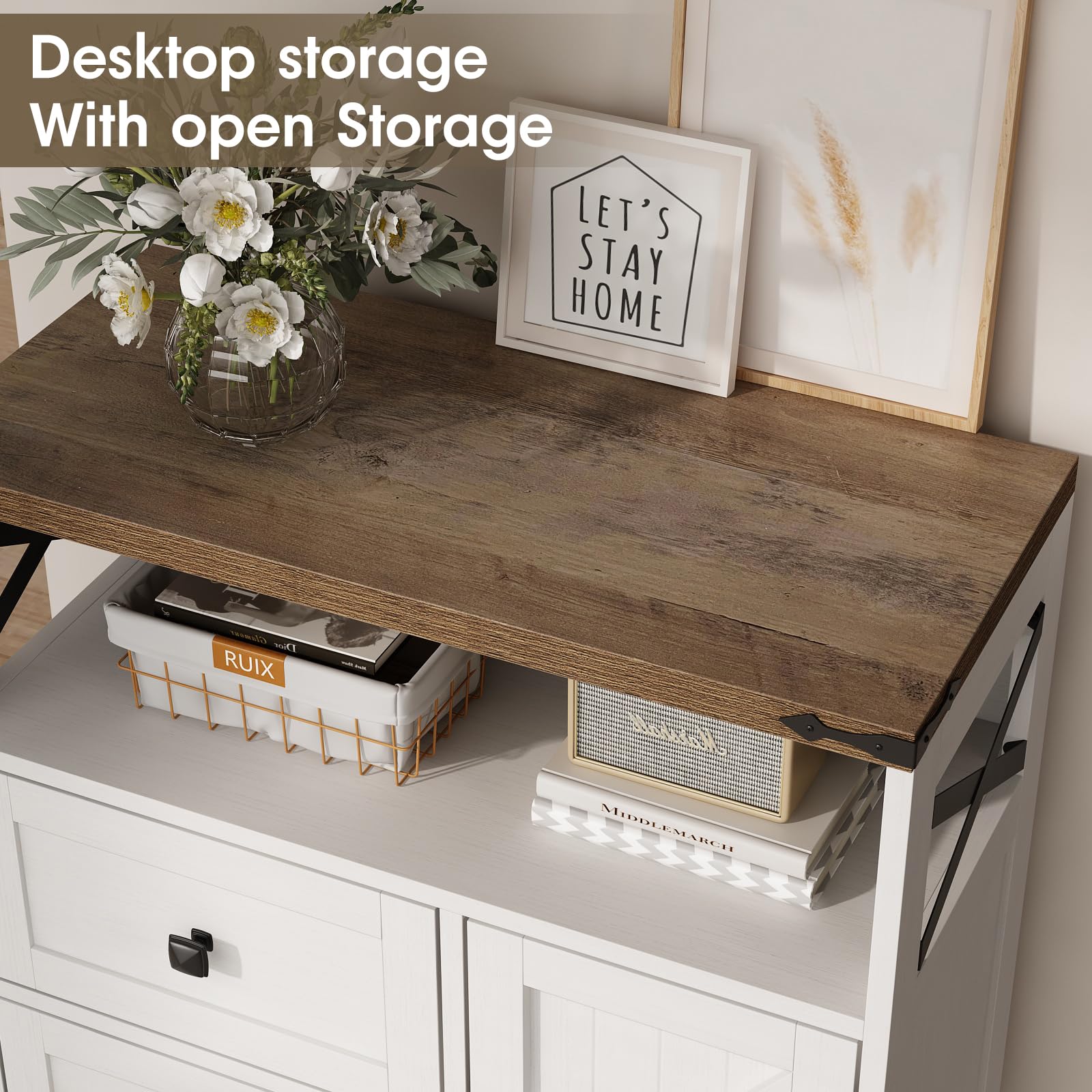 White Farmhouse Storage Cabinet with 2 Drawers & Open Shelves - Freestanding Organizer for Living Room, Bathroom, Kitchen & Laundry - Perfect for Home Decor, Storage Solutions & Small Space Organization