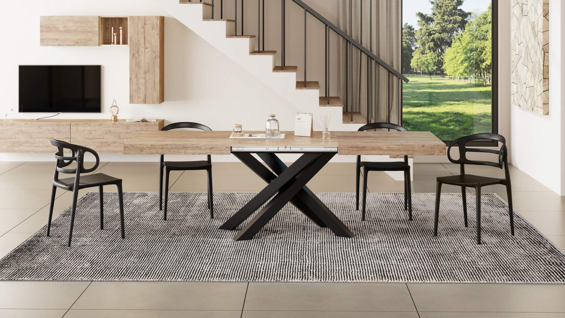 Expandable Oak Dining Table 86.6 x 35.4 Inches - Italian Modern Kitchen & Living Room Furniture with Black Crossed Legs - Seats 6-10 People - Perfect for Family Gatherings & Dinner Parties