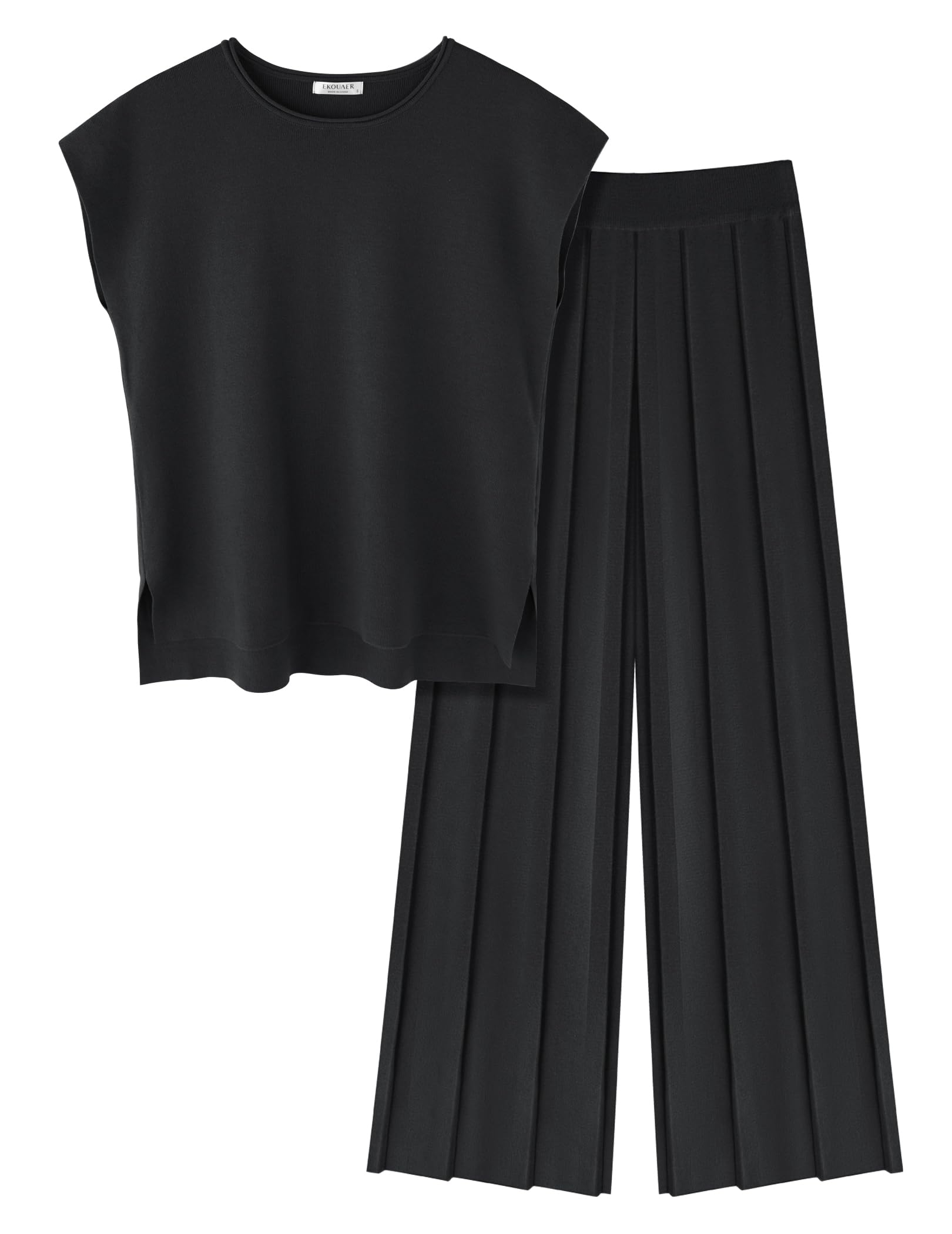 Ekouaer Women's Lounge Sets - Soft Knit Cap Sleeve Tops & Wide Leg Pleated Pants 2-Piece Outfit | Casual & Dressy Sweater Set for Home, Office & Weekend Wear
