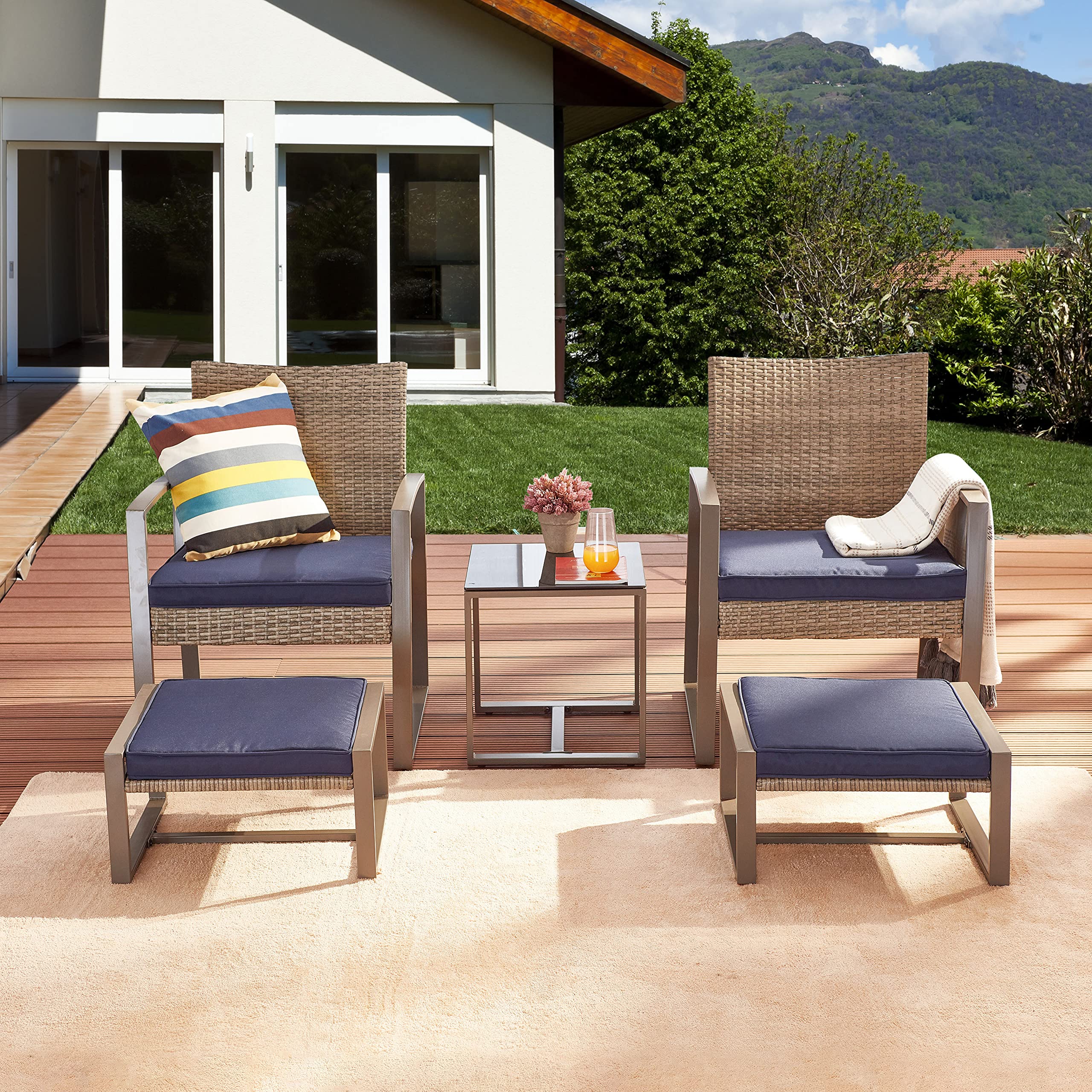 5-Piece Wicker Patio Furniture Set with Cushions - Outdoor PE Rattan Conversation Set Includes Chairs, Ottoman & Side Table for Porch, Balcony, Garden (Blue) - Perfect for Backyard Relaxation & Outdoor Entertaining