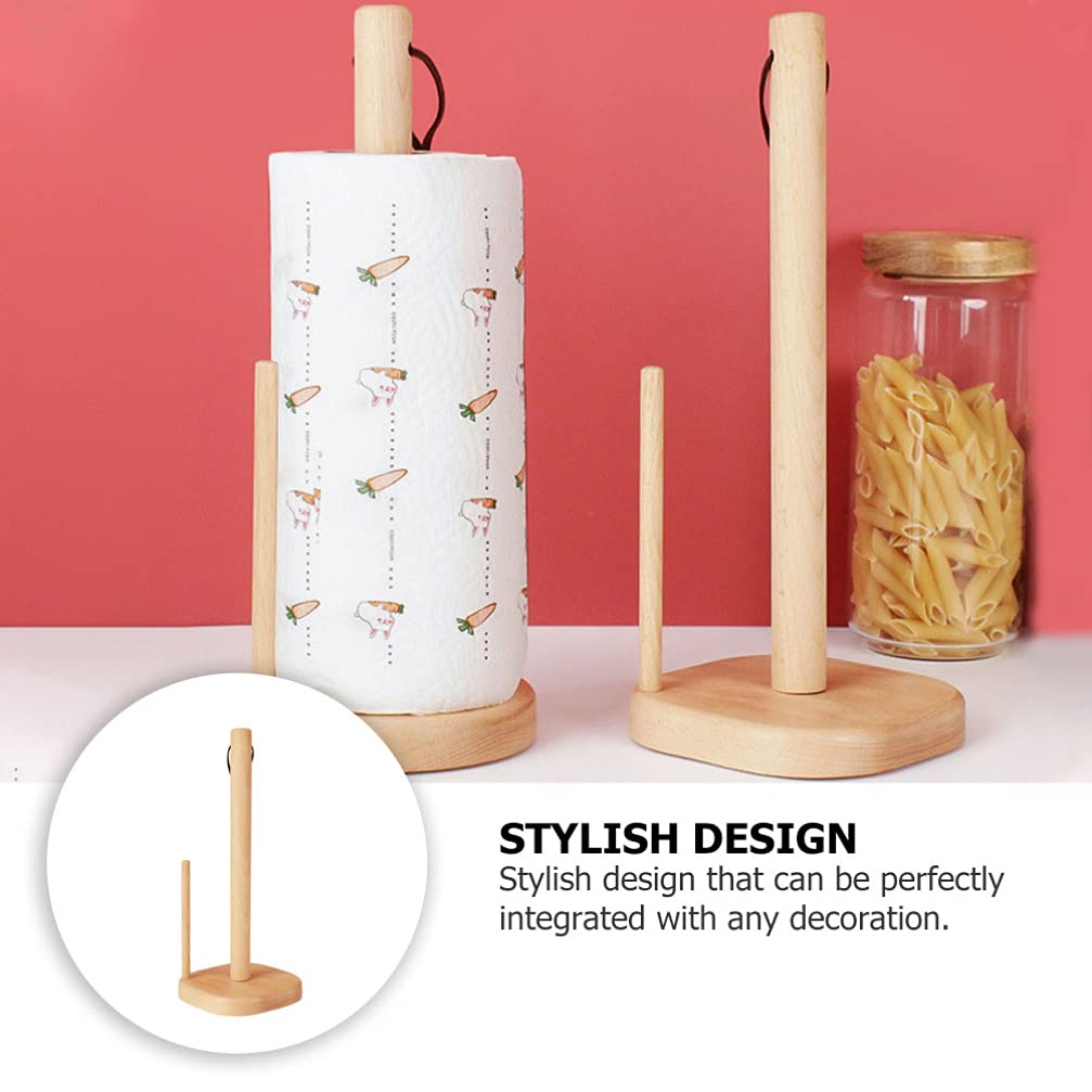 Cabilock 1-Piece Rustic Beech Wood Paper Towel Holder Stand - Vertical Floor Tissue Dispenser Rack for Kitchen, Bathroom & Home Decor - Fall-Proof Lazy Design