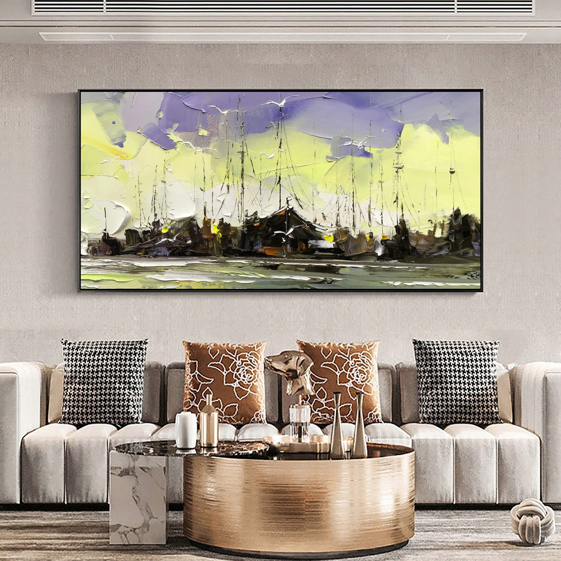 Hand-Painted Original Oil Painting on Canvas - Beach Boat Bathroom Wall Art - Modern Abstract Spring Decor - 64x32 Inch Unframed - Perfect for Living Room, Bedroom, Office & Gift Giving