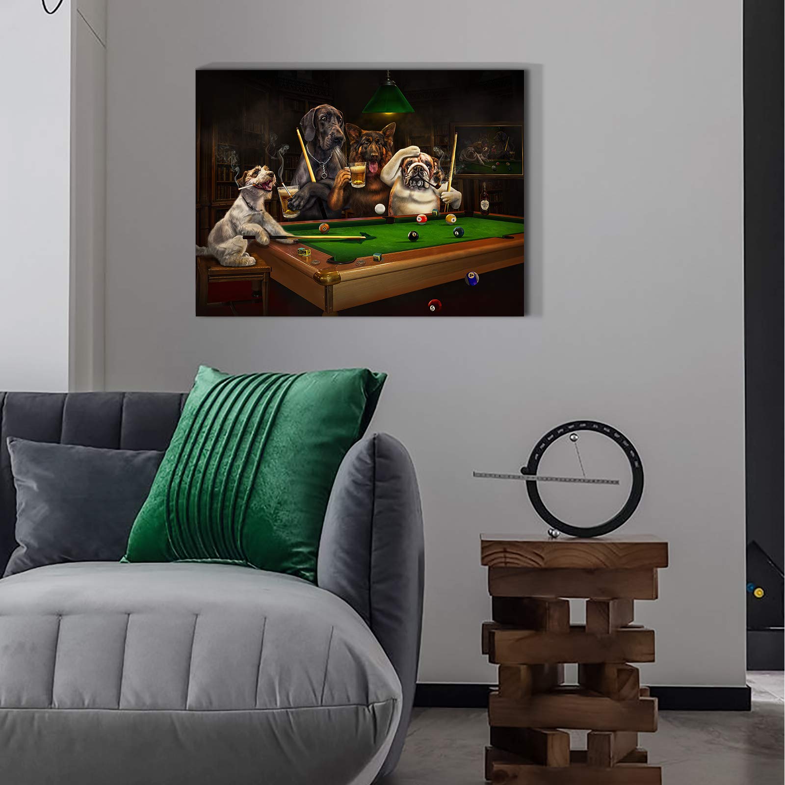 Denozer - Dogs Playing Pool by Cassius Marcellus Coolidge - Premium Oil Painting Reproduction on Gallery Wrapped Canvas (48x36 Inch) - Ready to Hang Billiards Artwork for Game Room, Man Cave, or Entertainment Space Wall Decor