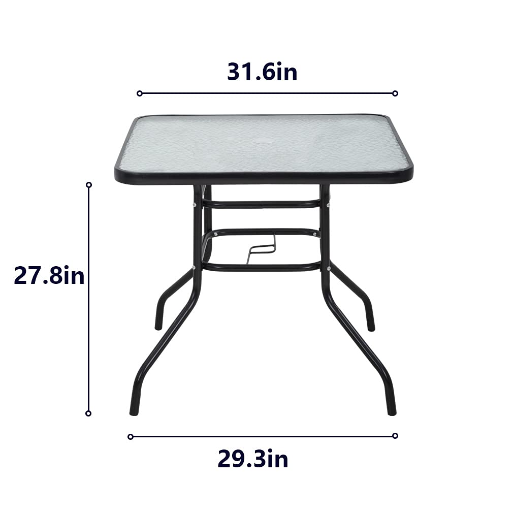 FDW Bistro 36-inch Outdoor Patio Dining Table with Tempered Glass Top & Umbrella Hole - Square Black Metal Frame for Garden, Balcony, Backyard - Perfect for Outdoor Entertaining & BBQ Gatherings