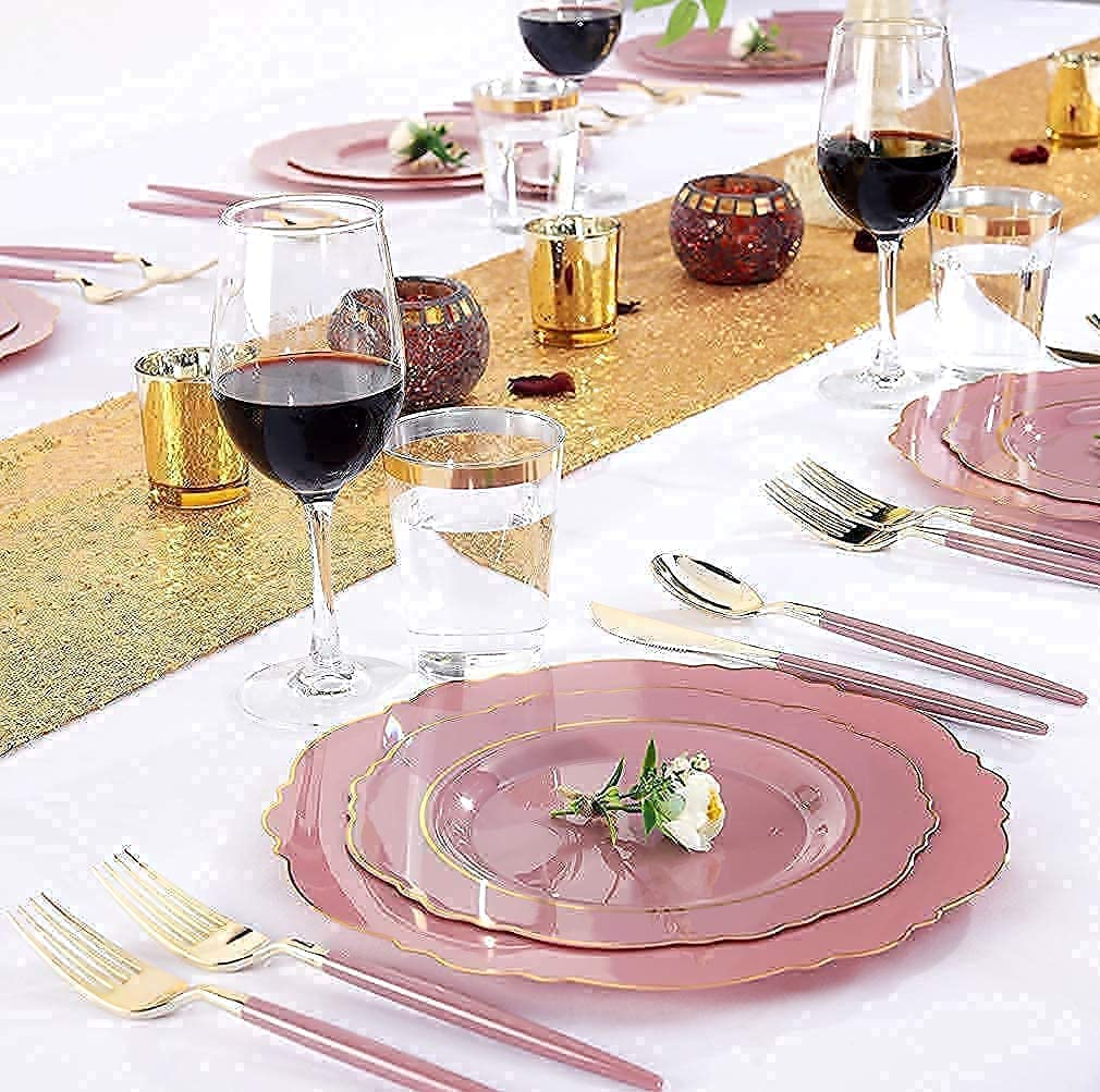 100-Pack Blue Plastic Plates with Gold Rim & Gold Disposable Cutlery Set - Elegant Purple Plastic Plates with Gold Silverware - Perfect for Weddings, Parties, and Catering Events