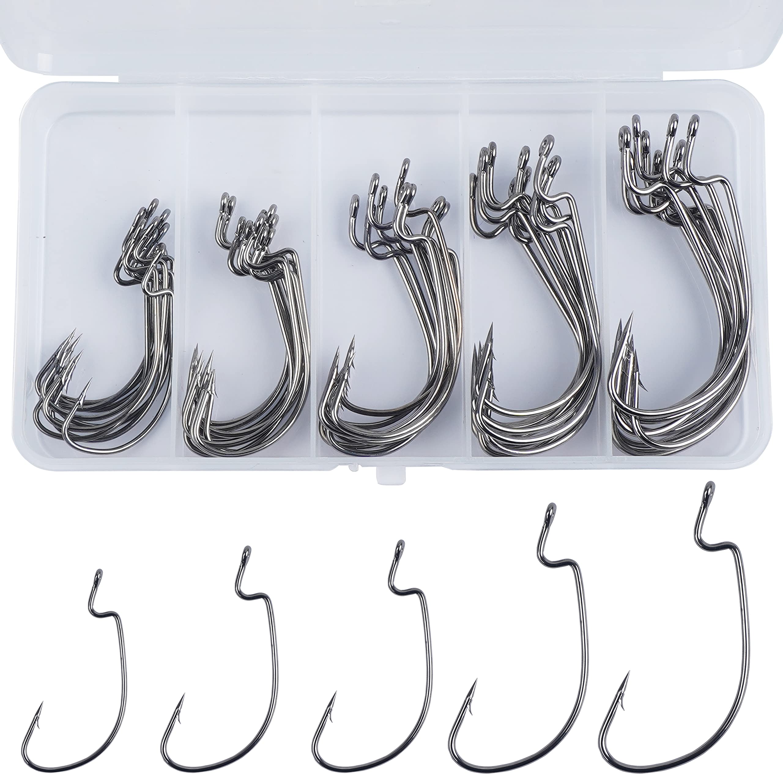 Premium Bass Fishing Hooks - 50/100pcs Offset Worm Hooks 3X Strong High Carbon Steel - Sharp & Durable for Bass, Trout, Walleye - Ideal for Soft Plastic Bait, Jig, Texas Rig Fishing - Size 1/0-5/0 - Perfect for Freshwater & Saltwater Angling Adventures