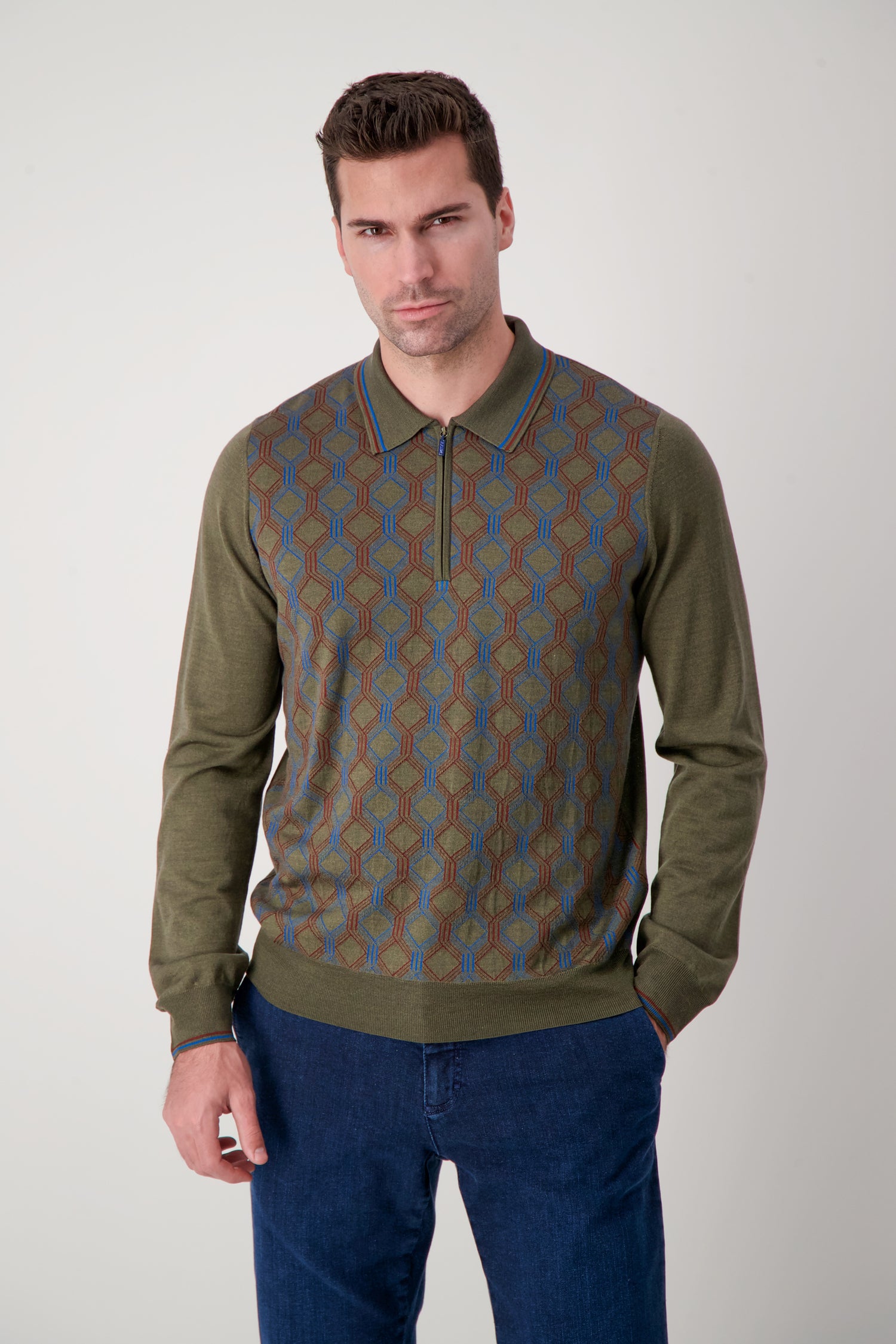 Zilli Green Long Sleeve Polo Sweater for Men - Soft Cotton Knit Casual Pullover Shirt - Perfect for Office, Golf & Outdoor Activities