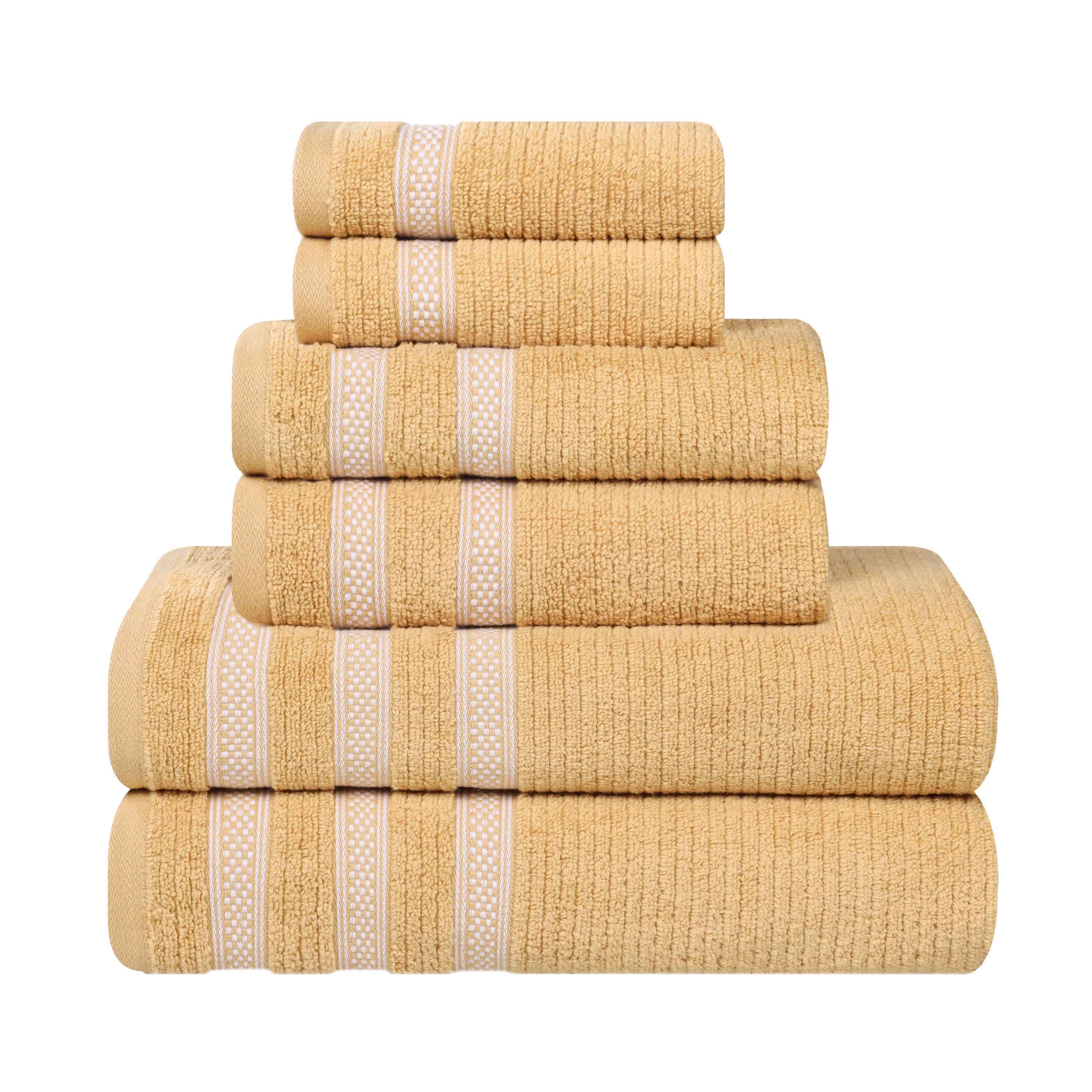 Premium 6-Piece Zero Twist Cotton Towel Set - Ultra Soft, Absorbent & Quick-Drying Bath Towels with Geometric Border Design for Spa, Bathroom & Luxury Home Decor