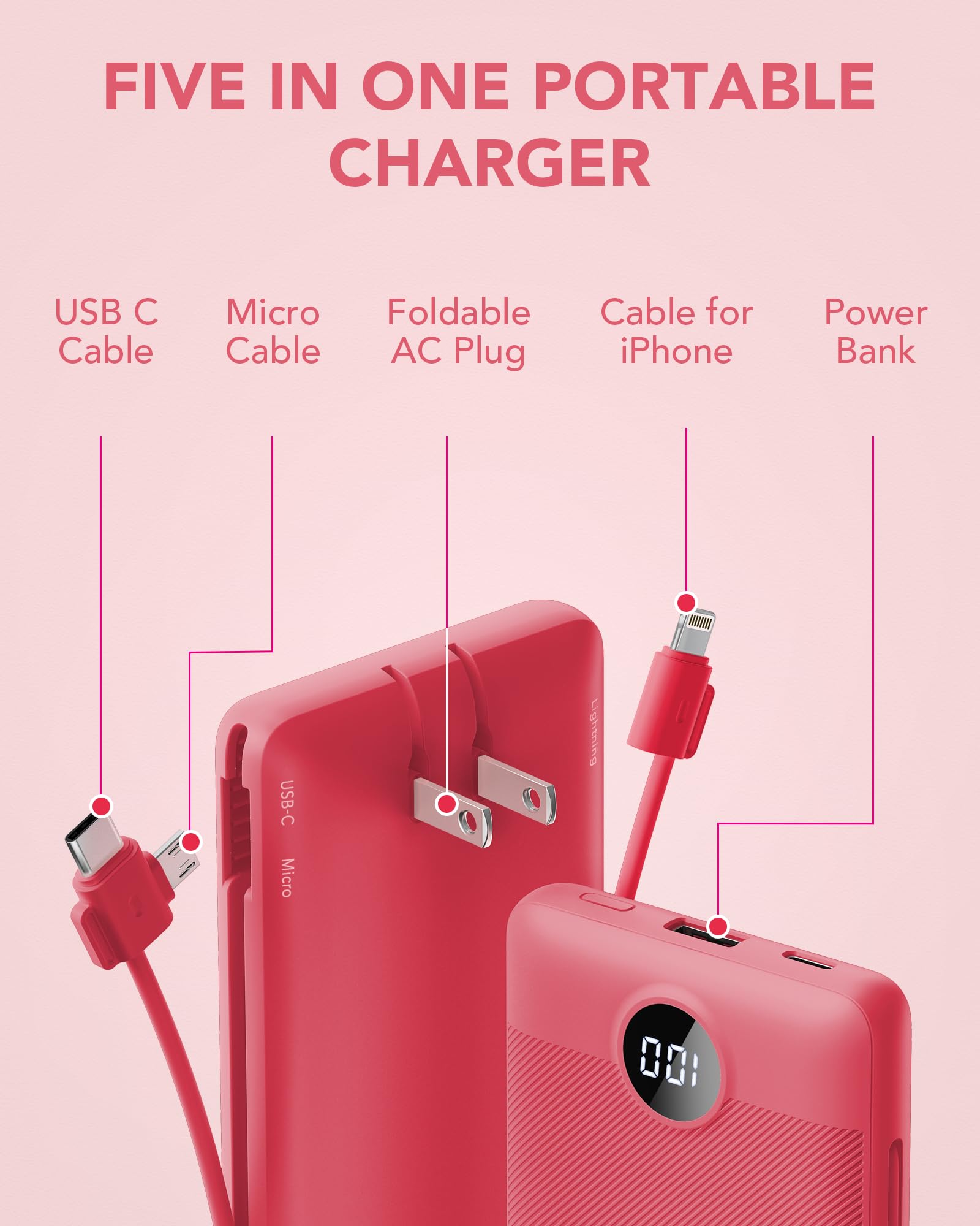 VRURC 10000mAh Portable Charger with Built-in Cables & AC Plug - Ultra Slim Power Bank for iPhone, Samsung, iPad, Tablets - Fast Charging Battery Pack for Travel, Camping, Emergency Power Backup (Viva Magenta)