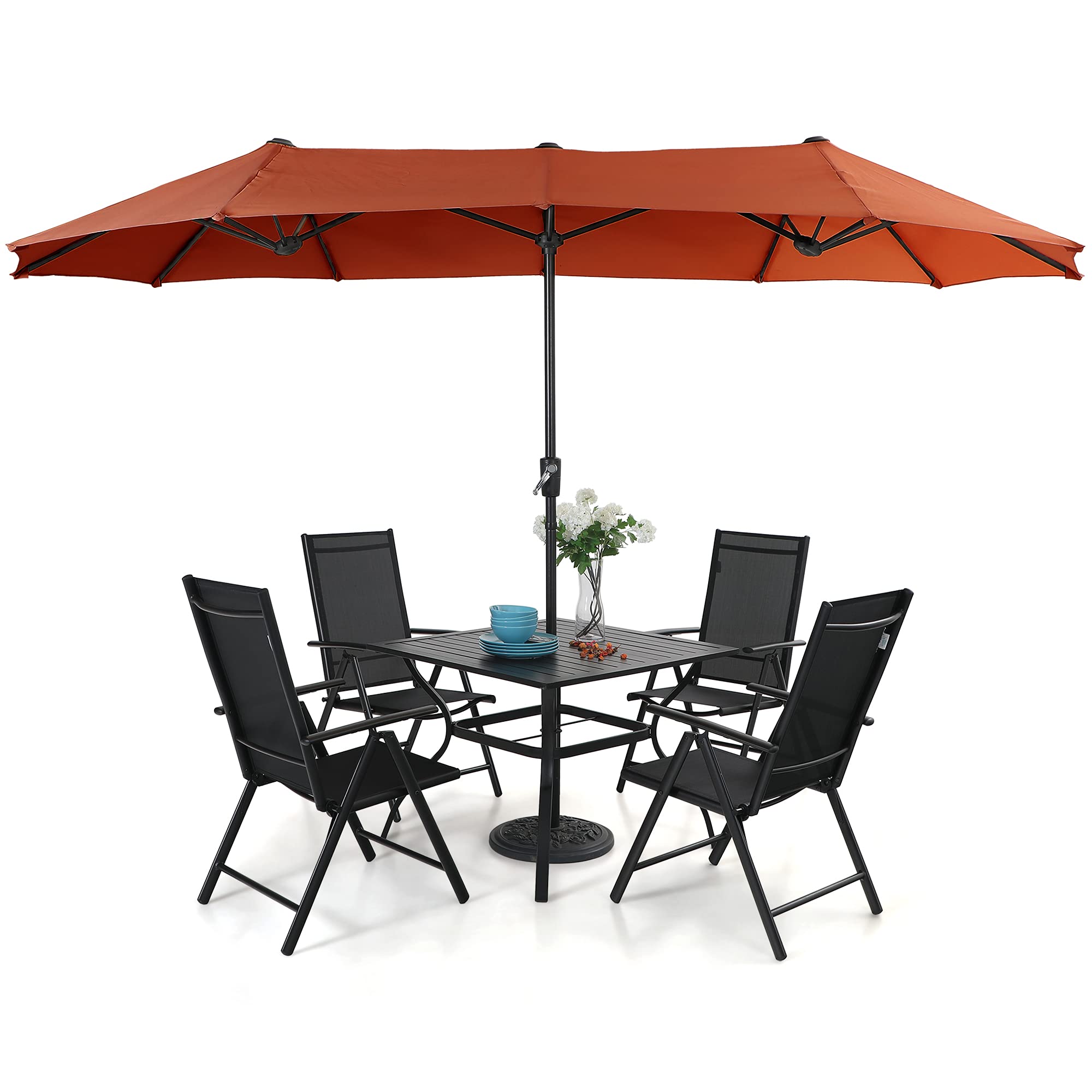 PHI VILLA 4-Piece Outdoor Patio Dining Set with Large Sun Umbrella - Folding Chairs & Weather-Resistant Table for Backyard, Garden, Poolside (Orange Red) | Perfect for Summer BBQs, Family Gatherings & Outdoor Entertaining