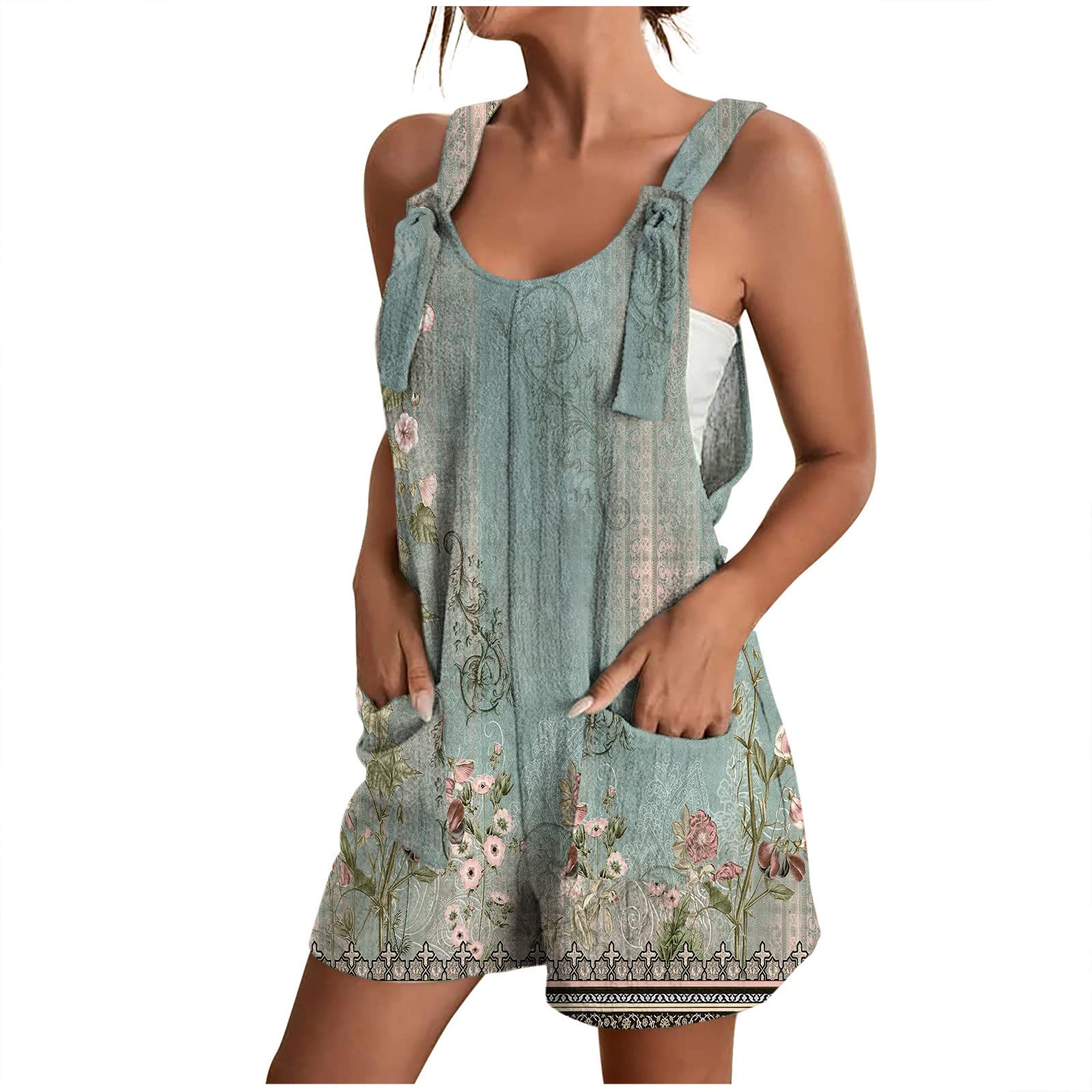 Women's Loose Fit Sleeveless Jumpsuit with Pockets - Adjustable Strap Casual Romper Shorts for Summer | Beach Outfit, Vacation Wear, Street Style Fashion
