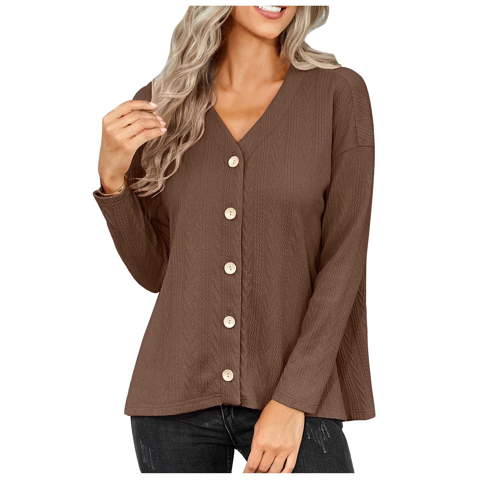 Women's Casual Button Down Long Sleeve Blouse - Solid Color Loose V-Neck Shirt for Fall | Office Wear, Weekend Outfits & Layering Essentials