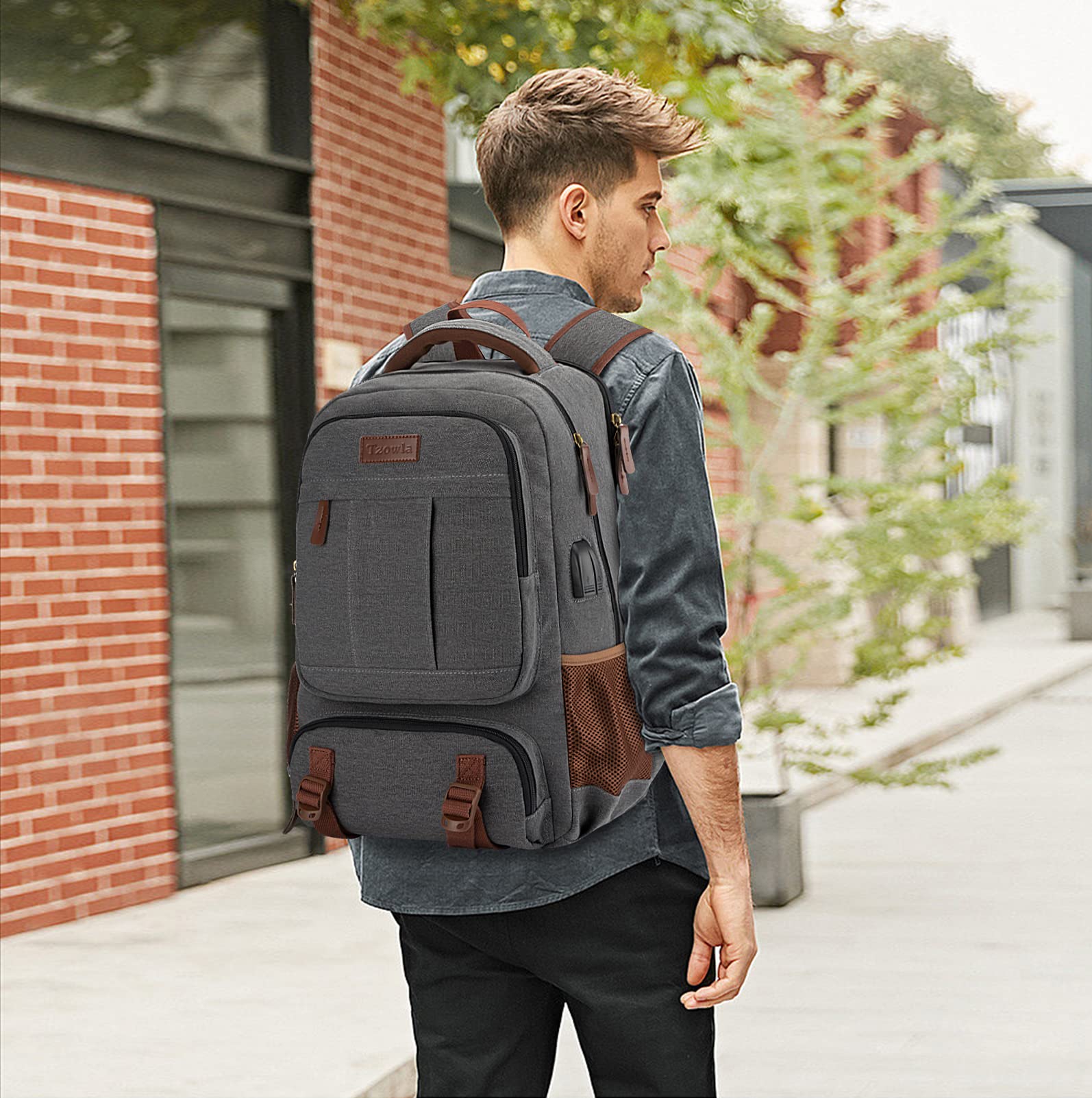 Tzowla 17.3 Inch Laptop Backpack for Men & Women - Waterproof Canvas Travel Backpack with USB Charging Port, School Bookbag & Work Rucksack - Perfect for College, Business Trips & Daily Commute