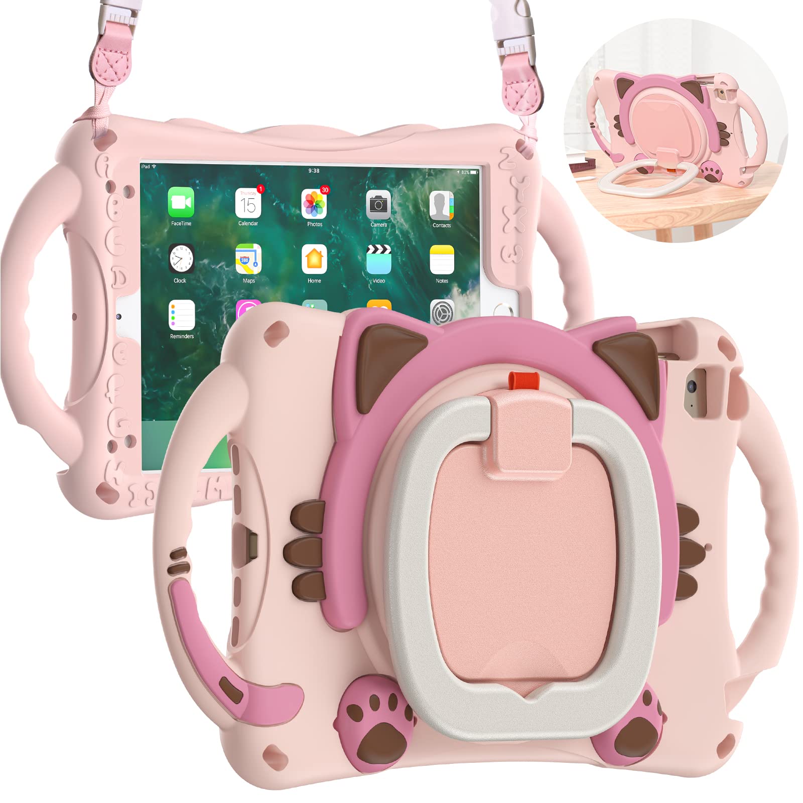 BRAECN Shockproof Silicone iPad Mini Case for Kids - Durable Childproof Cover with Carrying Strap, Handle Grip, Shoulder Strap, Pencil Holder & Kickstand for Apple iPad Mini 5/4/3/2/1 (7.9 Inch) - Pink | Perfect for School, Travel & Playtime