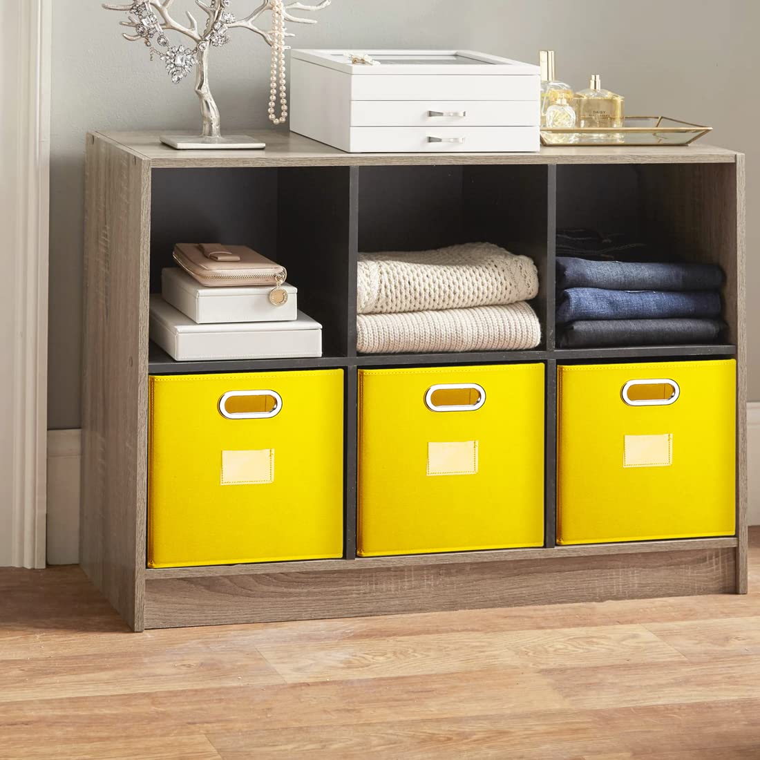 Robuy 13 Inch Cube Storage Bins - 4-Pack Yellow Plastic Organizing Boxes with Dual Metal Handles for Shelves, Closet, Nursery & Home Organization - Perfect for Toy Storage, Kids Room & Office Supplies