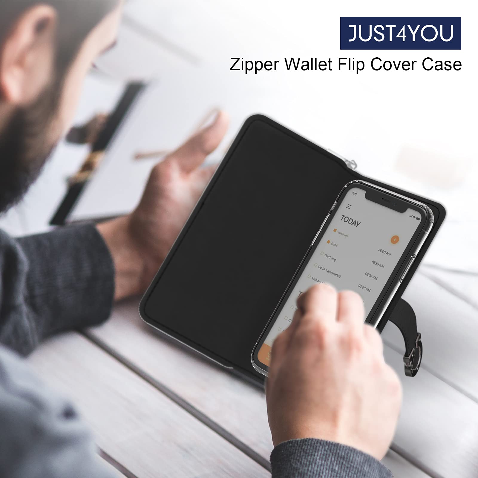 JUST4YOU iPhone Xs Max Wallet Case with Zipper & Strap - Premium PU Leather Flip Cover Folio with Card Holder (Black) - Perfect for Daily Use, Travel & Business