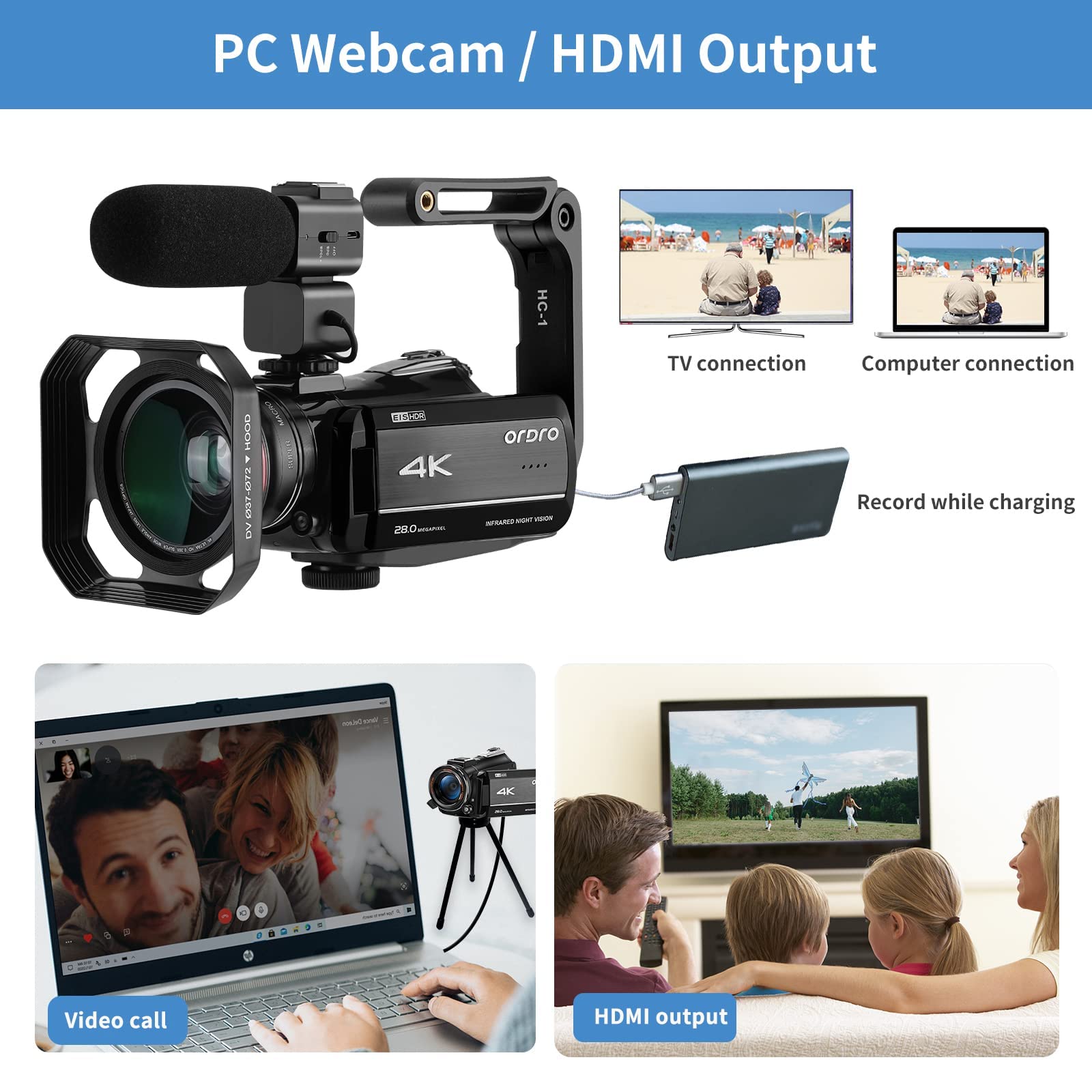 ORDRO AZ30 4K 60FPS UHD Camcorder with 30X Digital Zoom, WiFi, IR Night Vision & Wide Angle Lens - Perfect for YouTube Vlogging, Live Streaming & Travel Videography (Includes Microphone, 32GB Micro Card & Batteries)