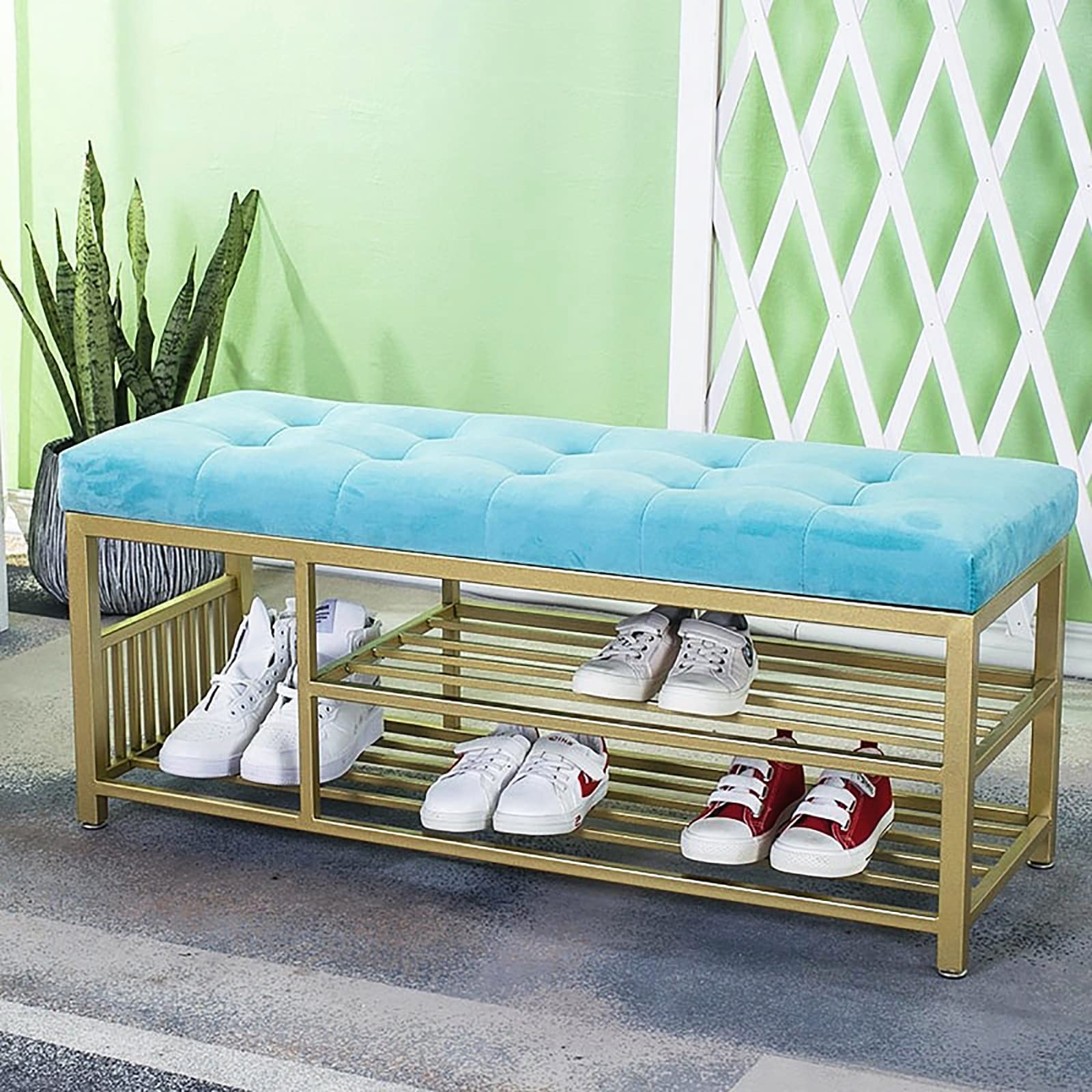 W&X Modern Velvet Upholstered Shoe Storage Bench - Entryway Organizer with Comfy Seat, Blue (60x35x45cm/24x14x18in) - Perfect for Small Spaces & Apartment Entryways