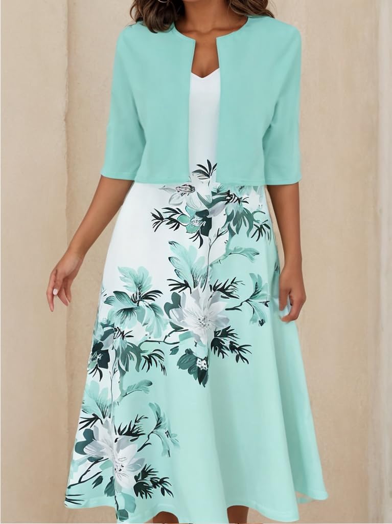 TIAFORD Women's Floral Print Dress with Jacket - Casual Two Piece Set, Sleeveless Wedding Guest Dress, Flowy Vacation Outfit for Summer 2024 | Perfect for Beach Parties, Bridal Showers & Outdoor Events