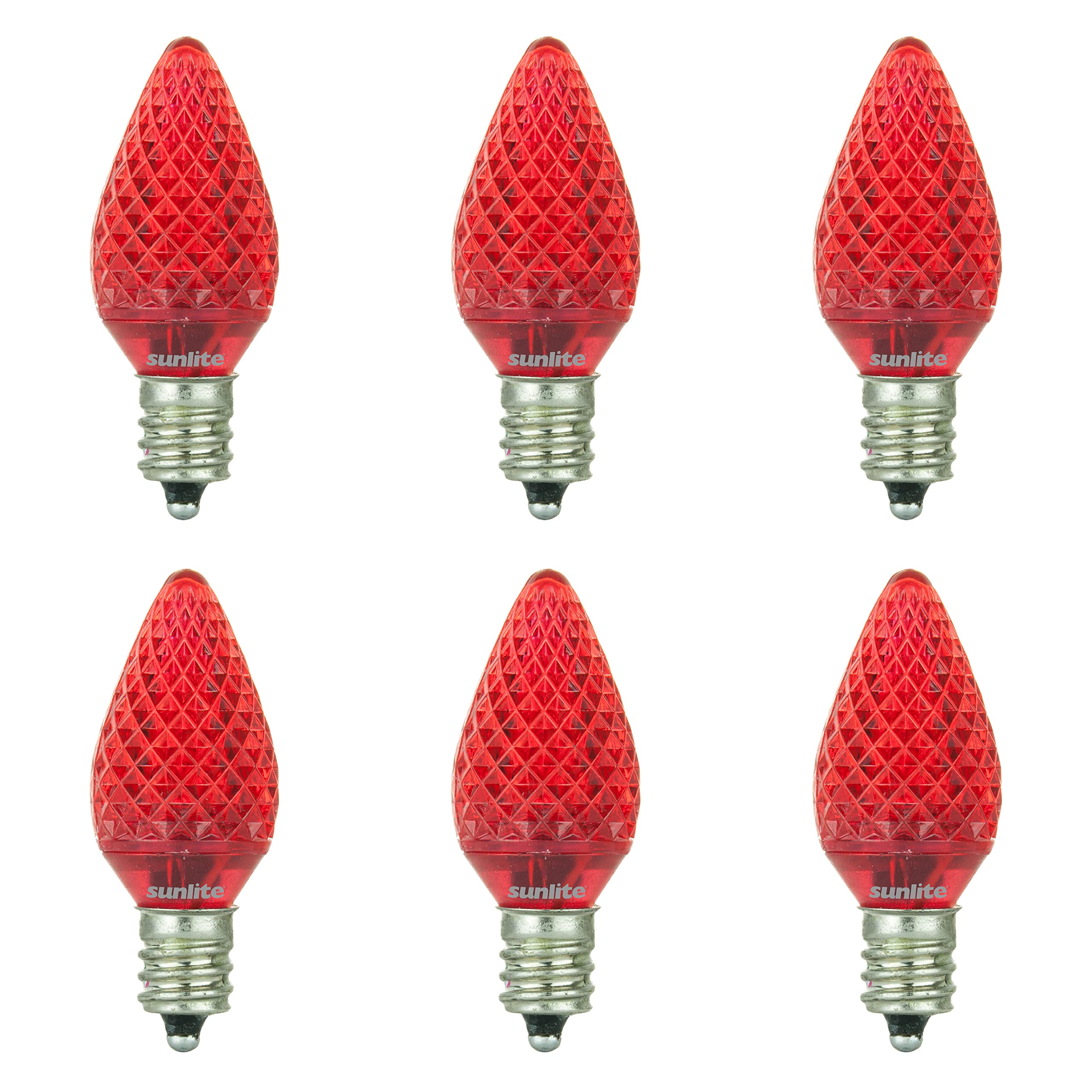 Sunlite 80702 LED C7 Holiday Decorative Light Bulb - 0.4W E12 Candelabra Base, Faceted Christmas Lights - Red (6 Pack) for Indoor/Outdoor Decor, Tree, Mantel & Nightlight Use