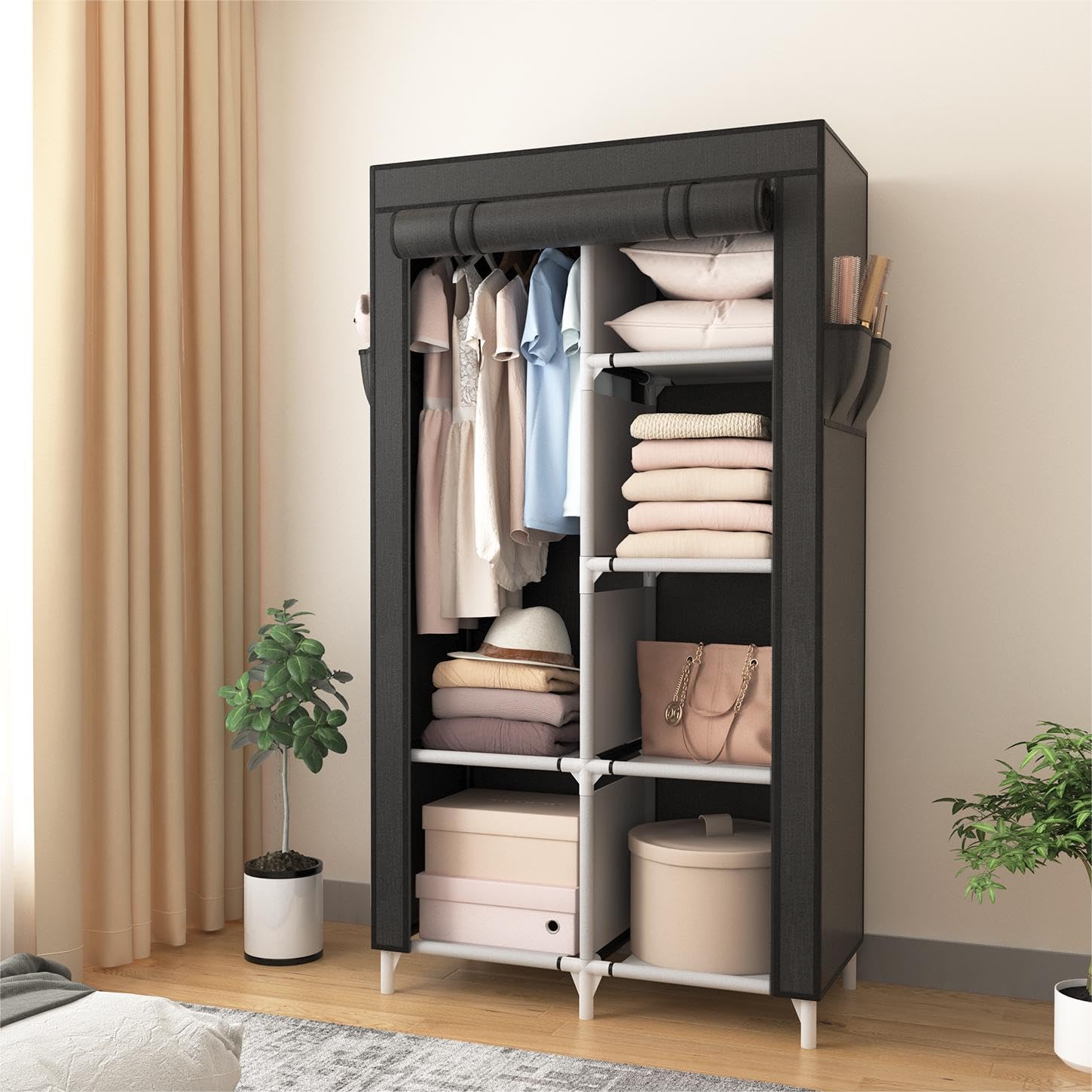 Portable Closet Wardrobe with 6 Shelves & 4 Pockets - Free Standing Clothes Organizer with Hanging Rod for Bedroom, Closet, Dorm - Easy Assembly & Sturdy Frame for Hanging Clothes Storage