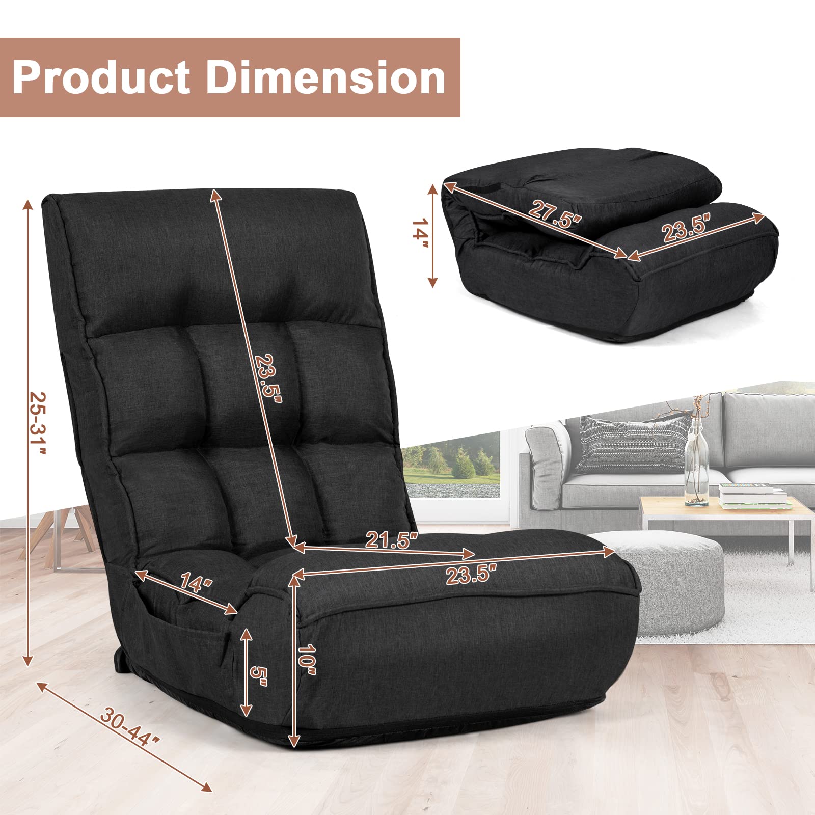 SAFSTAR Adjustable Folding Floor Chair - 5-Position Headrest & 4-Position Backrest Gaming Chair with Thick Cushion & Side Pocket - Comfortable Padded Seat for Living Room, Bedroom, Gaming, Reading & Relaxing