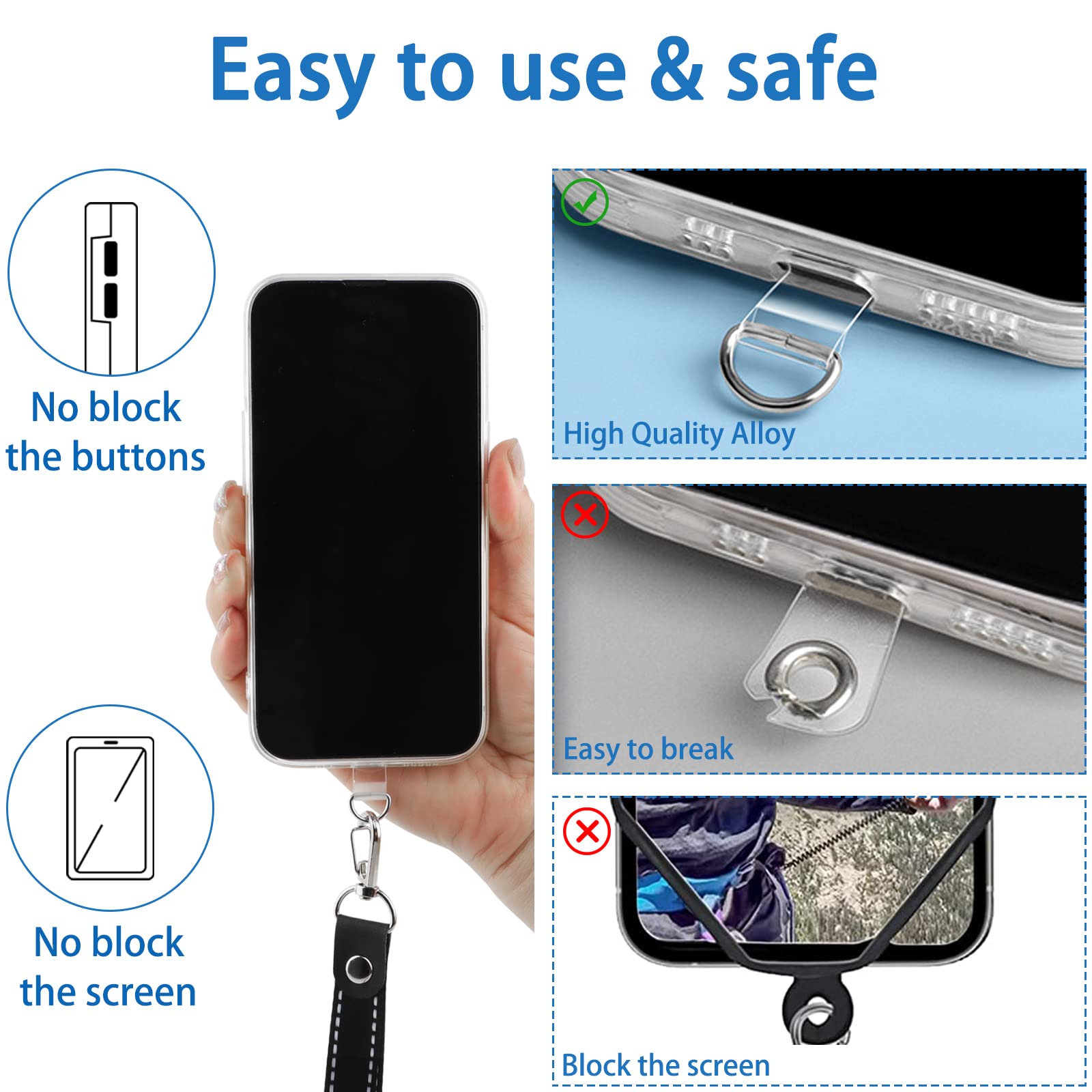 Universal Phone Lanyard Patch - 10pcs Adhesive-Free Tether Tabs for Phone Straps (Transparent) - Secure Your Phone While Outdoors