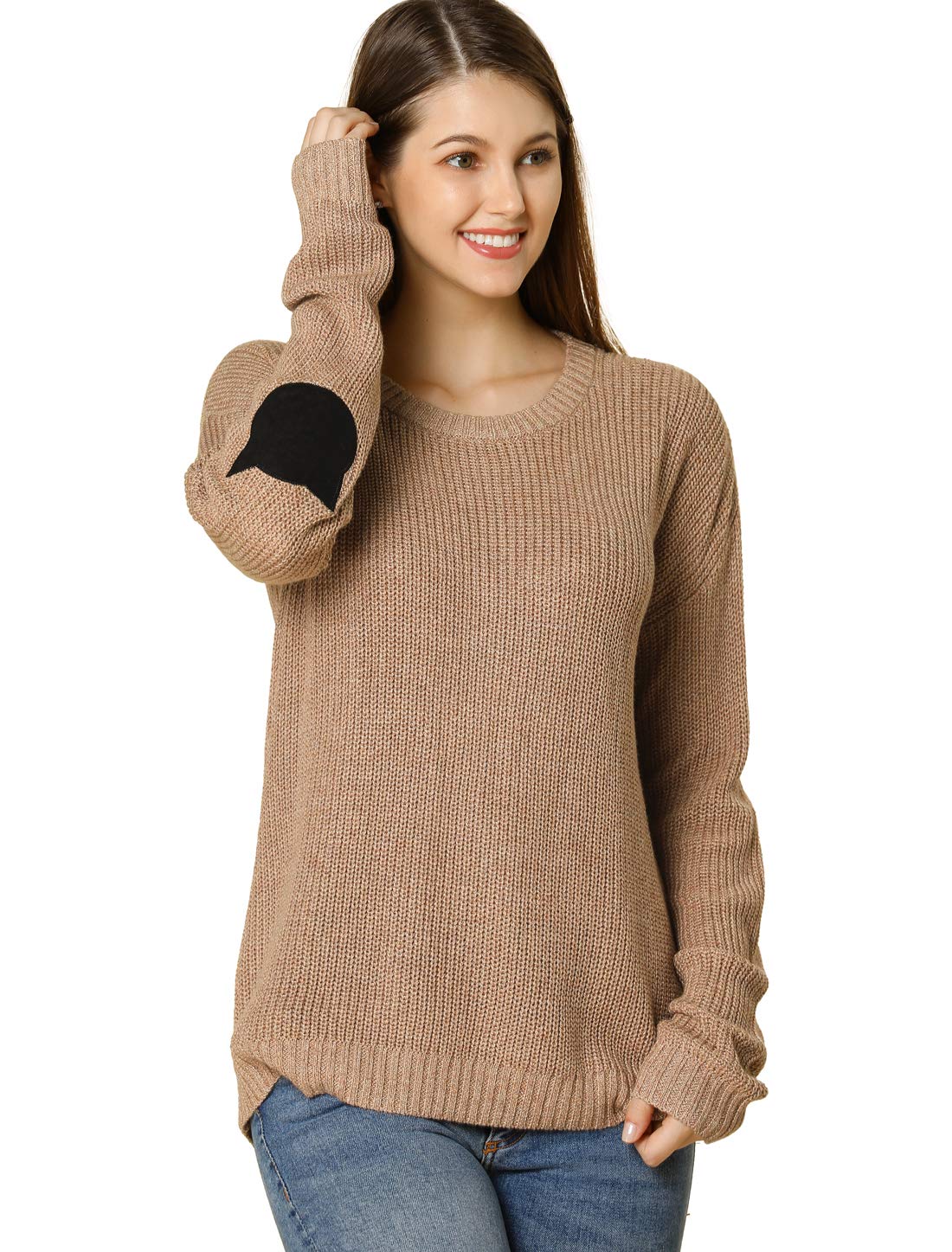 Allegra K Women's Long Sleeve Cat Print Sweater with Elbow Patches - Drop Shoulder Pullover Jumper for Casual Wear, Office Outfits & Fall Fashion