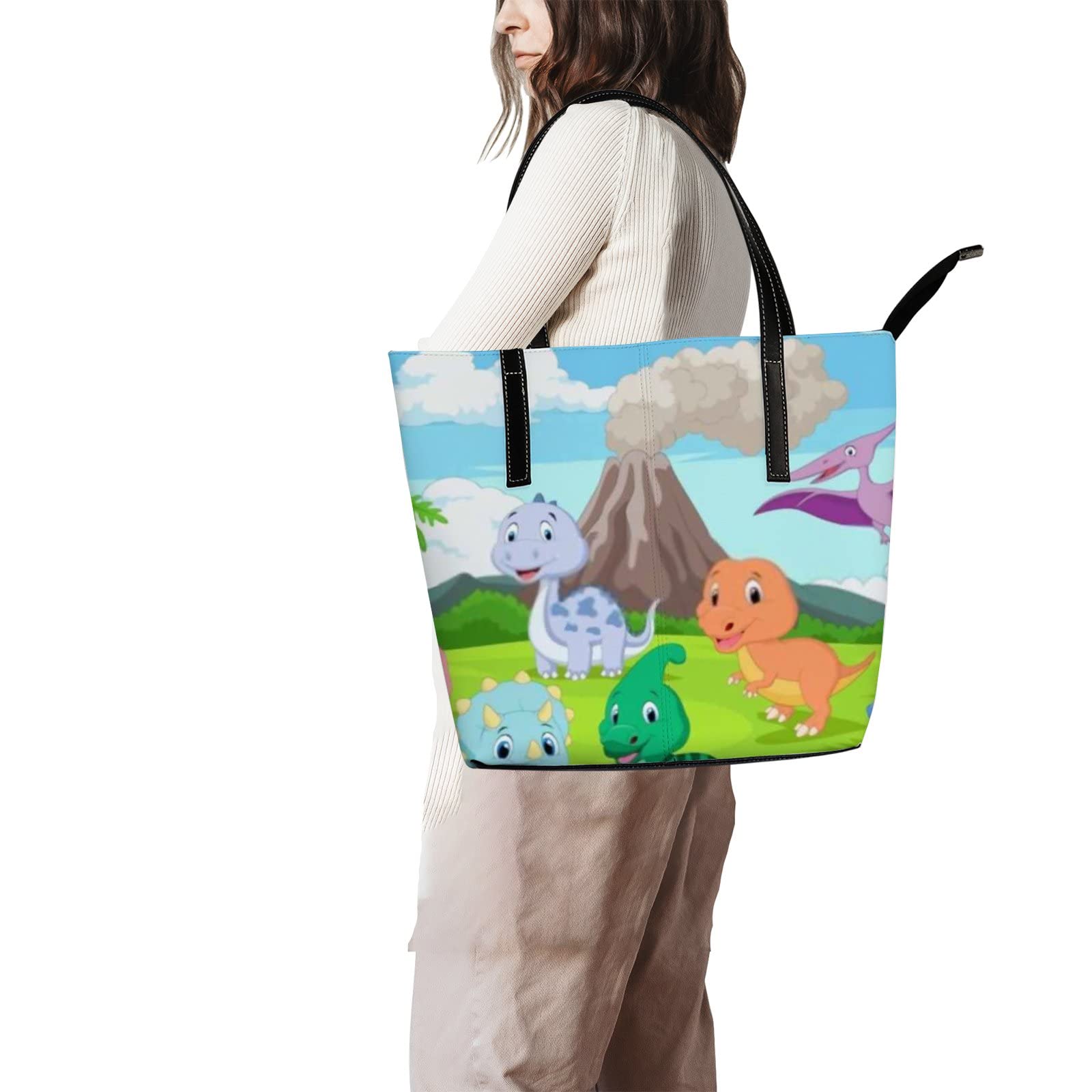 **Stylish Green Cartoon Baby Dinosaurs Jungle Tote Bag for Women - Leather Crossbody Handbag with Zipper - Perfect for Work, Travel & Daily Use**