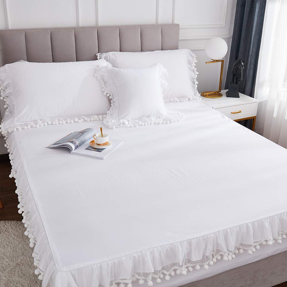 Premium 100% Cotton 600 Thread Count California King Sheet Set - Elegant White Pom Pom Ruffle Design with 17.5