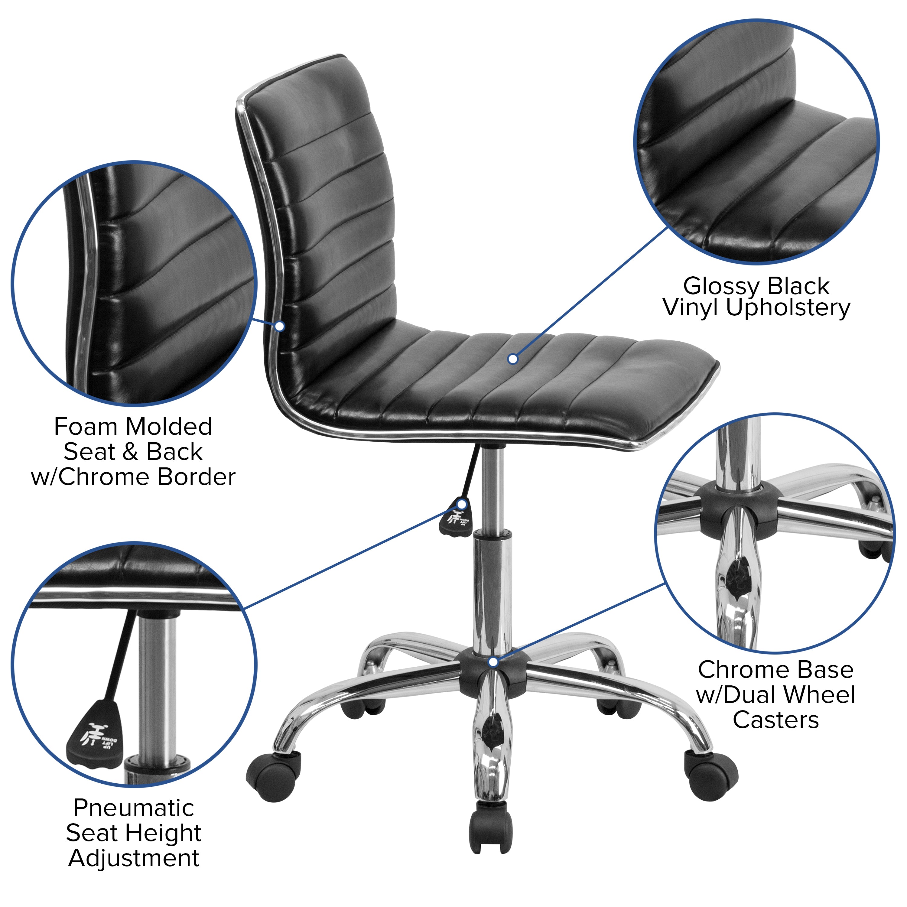 FLASH Alan Low Back Designer Armless Black Ribbed Swivel Task Office Chair - Ergonomic Desk Chair for Home Office, Gaming & Study - Modern Minimalist Workspace Furniture