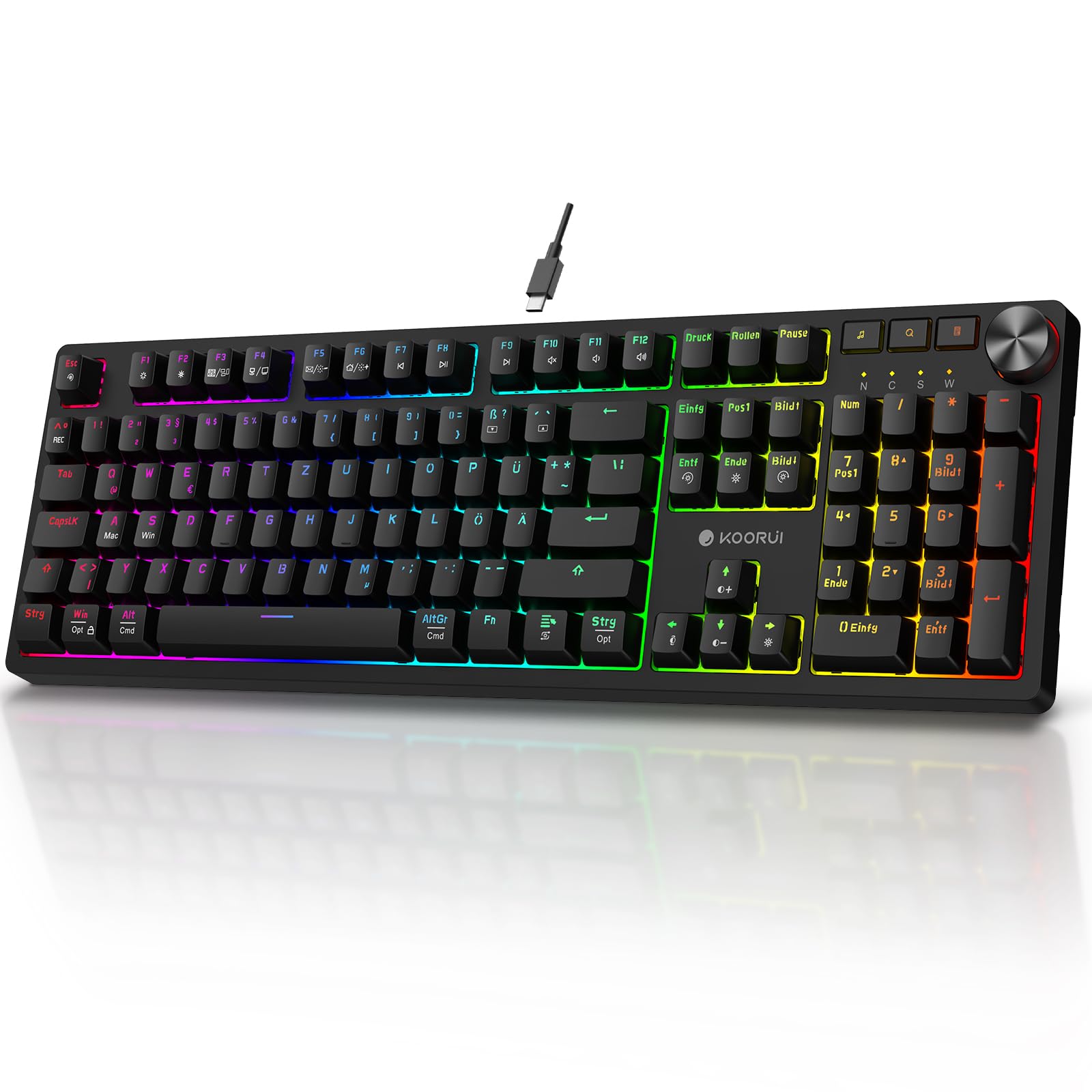 KOORUI Mechanical Gaming Keyboard - 104 Keys QWERTZ German Layout, RGB Backlit Wired Keyboard with Red Switches for Windows MacOS Linux | Perfect for Gaming, Office Work & Programming