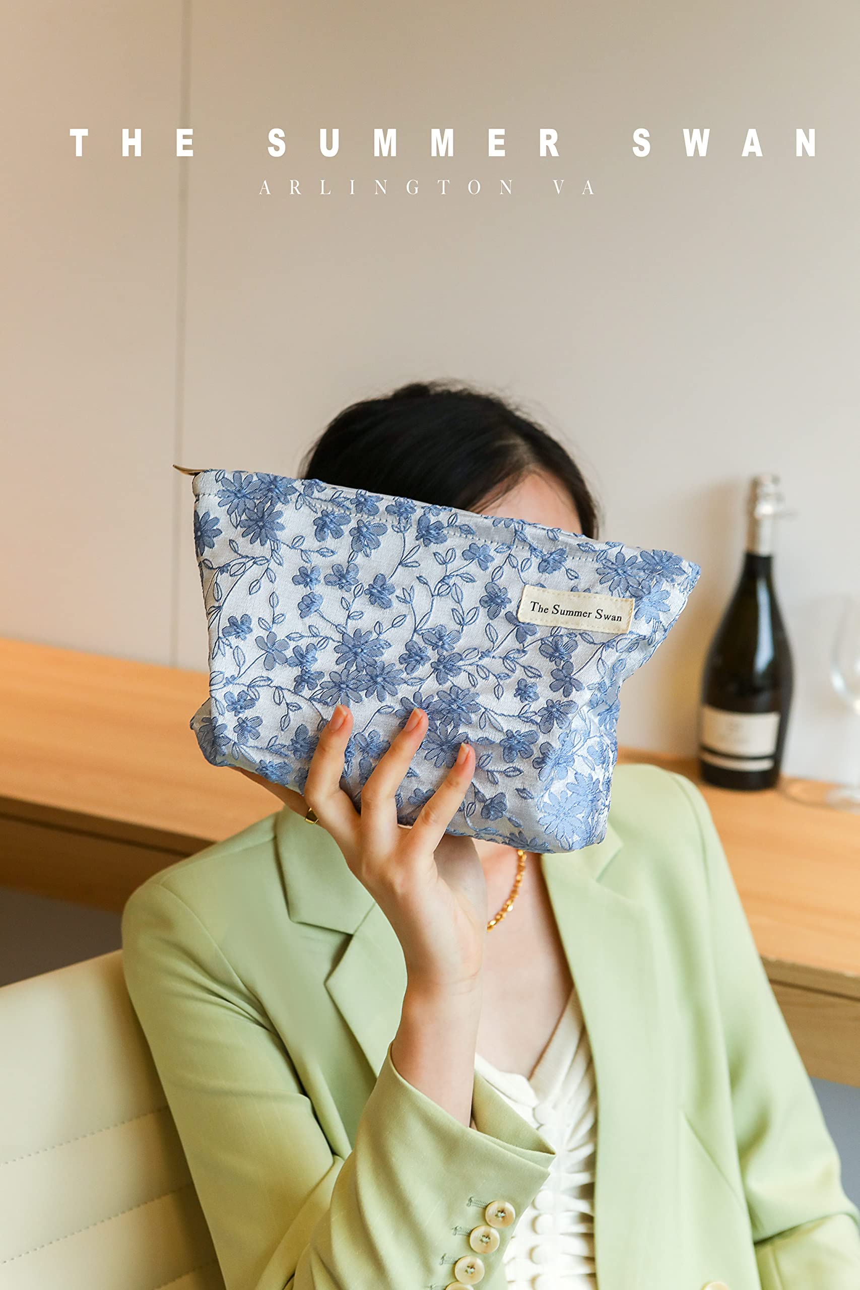 Floral Cosmetic Bag | Large Aesthetic Makeup Organizer for Travel & Skincare | Preppy Embroidery Pouch (Blue) | Perfect for Vacation, Gym & Daily Essentials Storage
