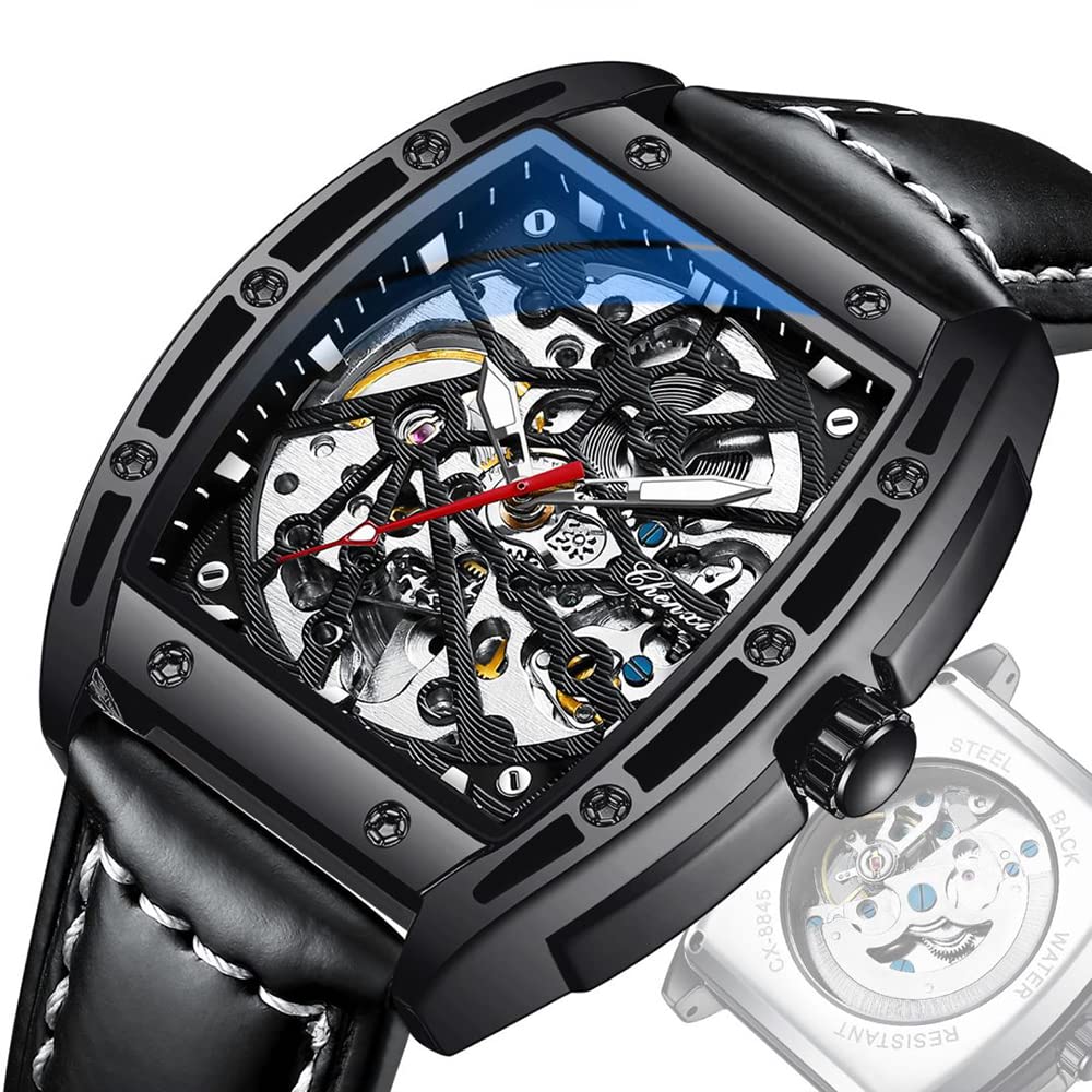 Tiong Sport Men's Automatic Mechanical Watch - Silver & Black Leather Strap Business Watch for Men | Perfect for Office, Formal Events & Everyday Wear